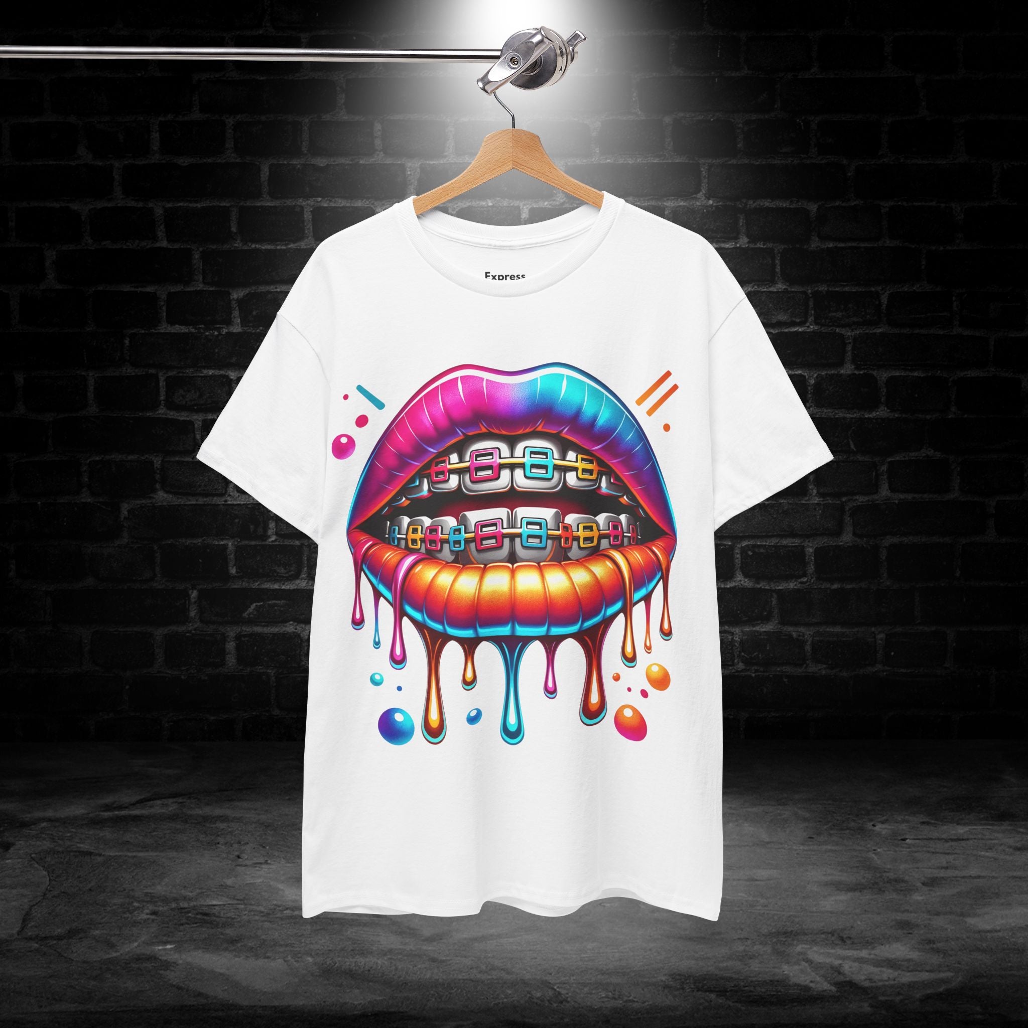 Colorful Dripping Lips Tee with Braces – Neon Pop Graphic T-Shirt