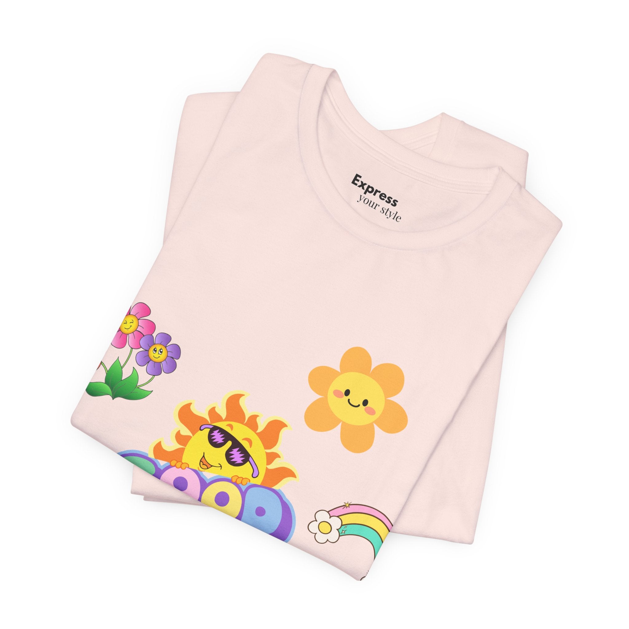 Good Vibes Floral Tee — Retro Smiley Sun & Rainbow Graphic T‑Shirt