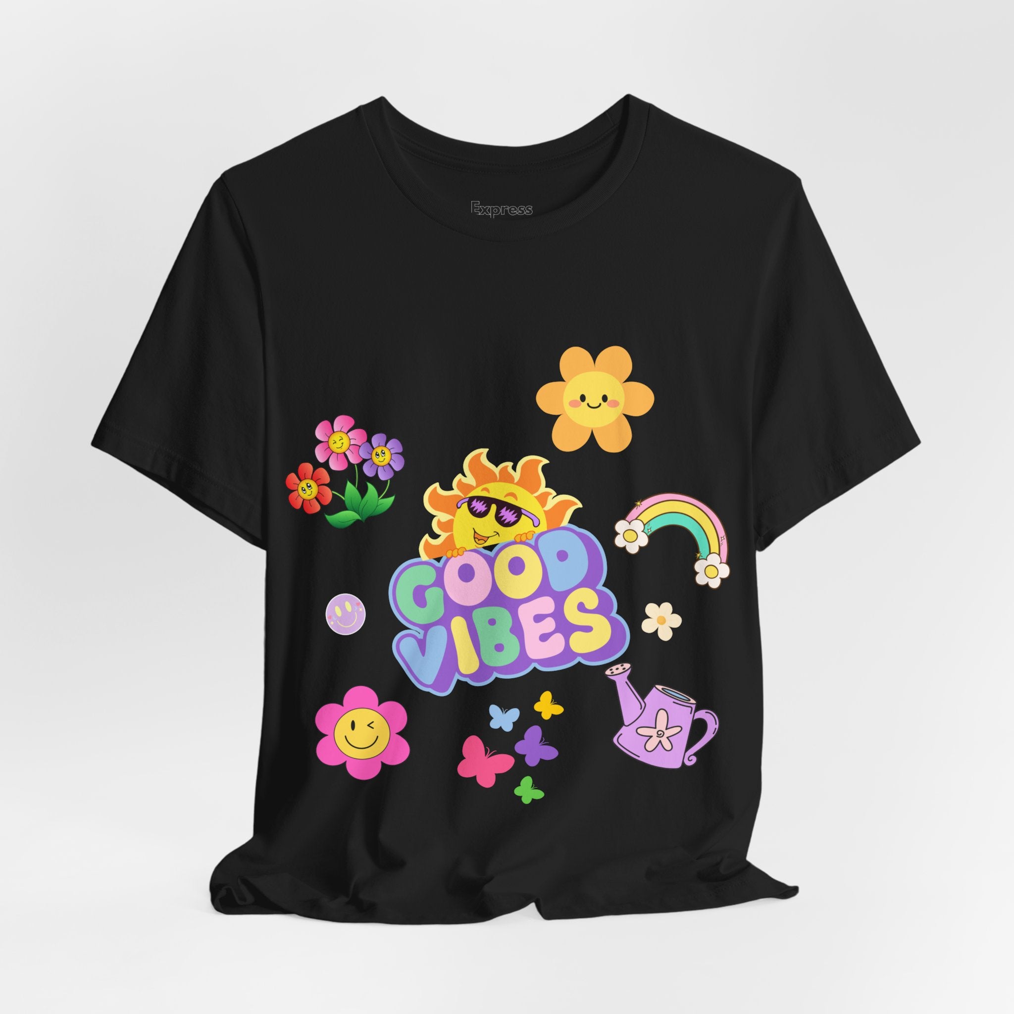Good Vibes Floral Tee — Retro Smiley Sun & Rainbow Graphic T‑Shirt