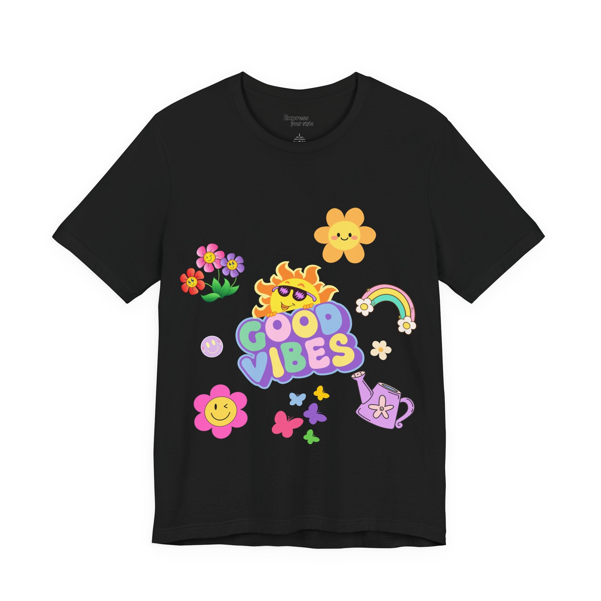 Good Vibes Floral Tee — Retro Smiley Sun & Rainbow Graphic T‑Shirt