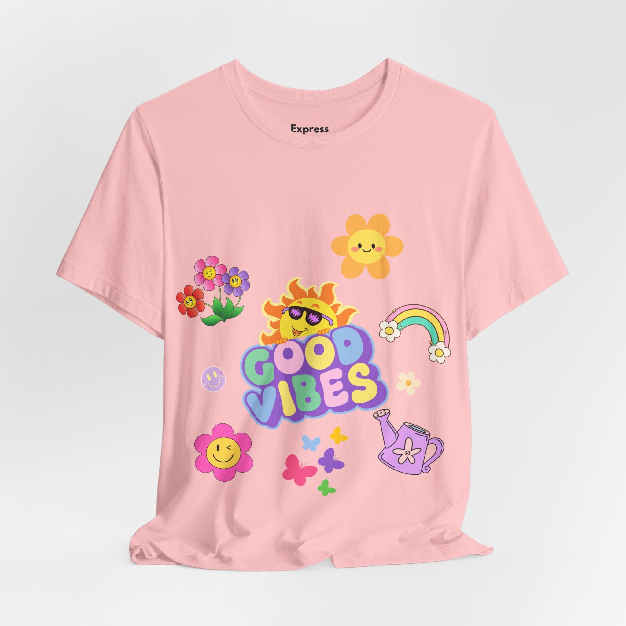 Good Vibes Floral Tee — Retro Smiley Sun & Rainbow Graphic T‑Shirt