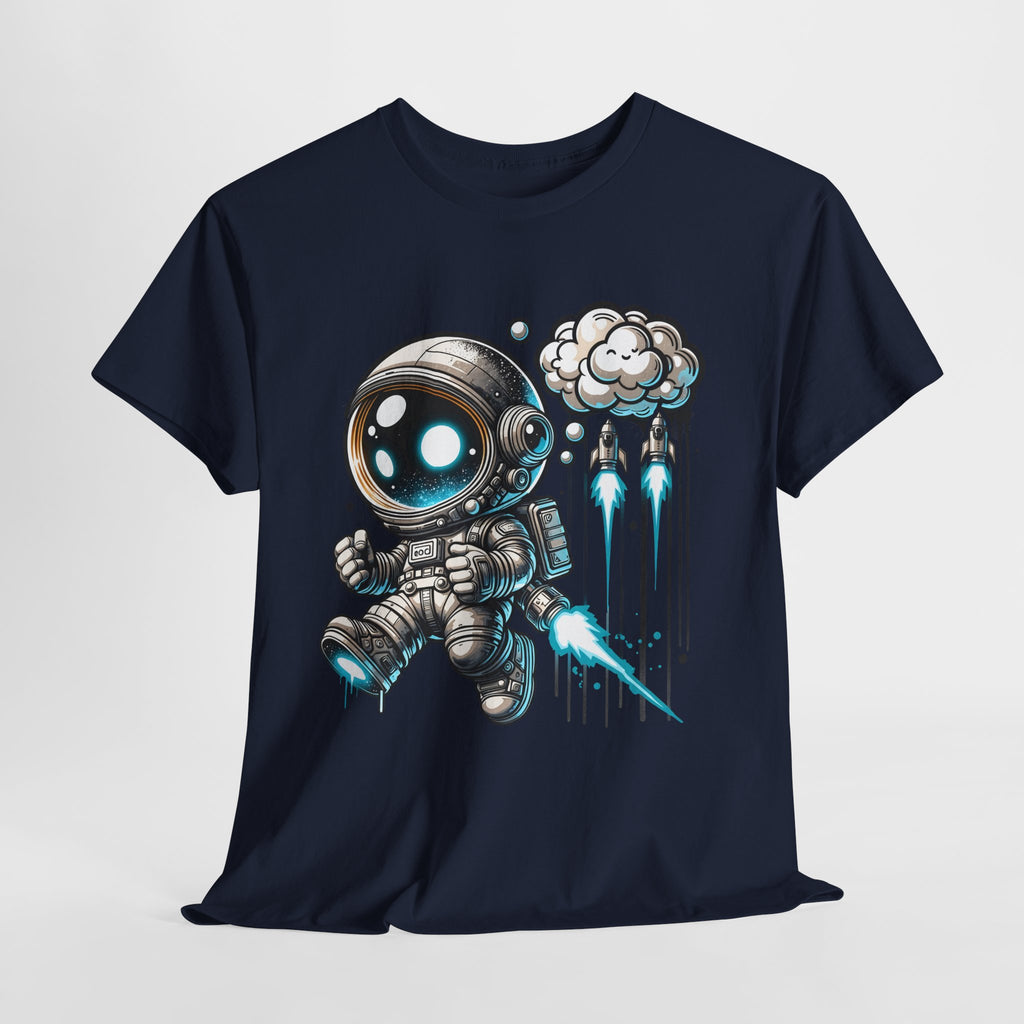 Astronaut Cartoon T-Shirt — Cute Space Explorer Tee with Jetpack & Cloud Rocket