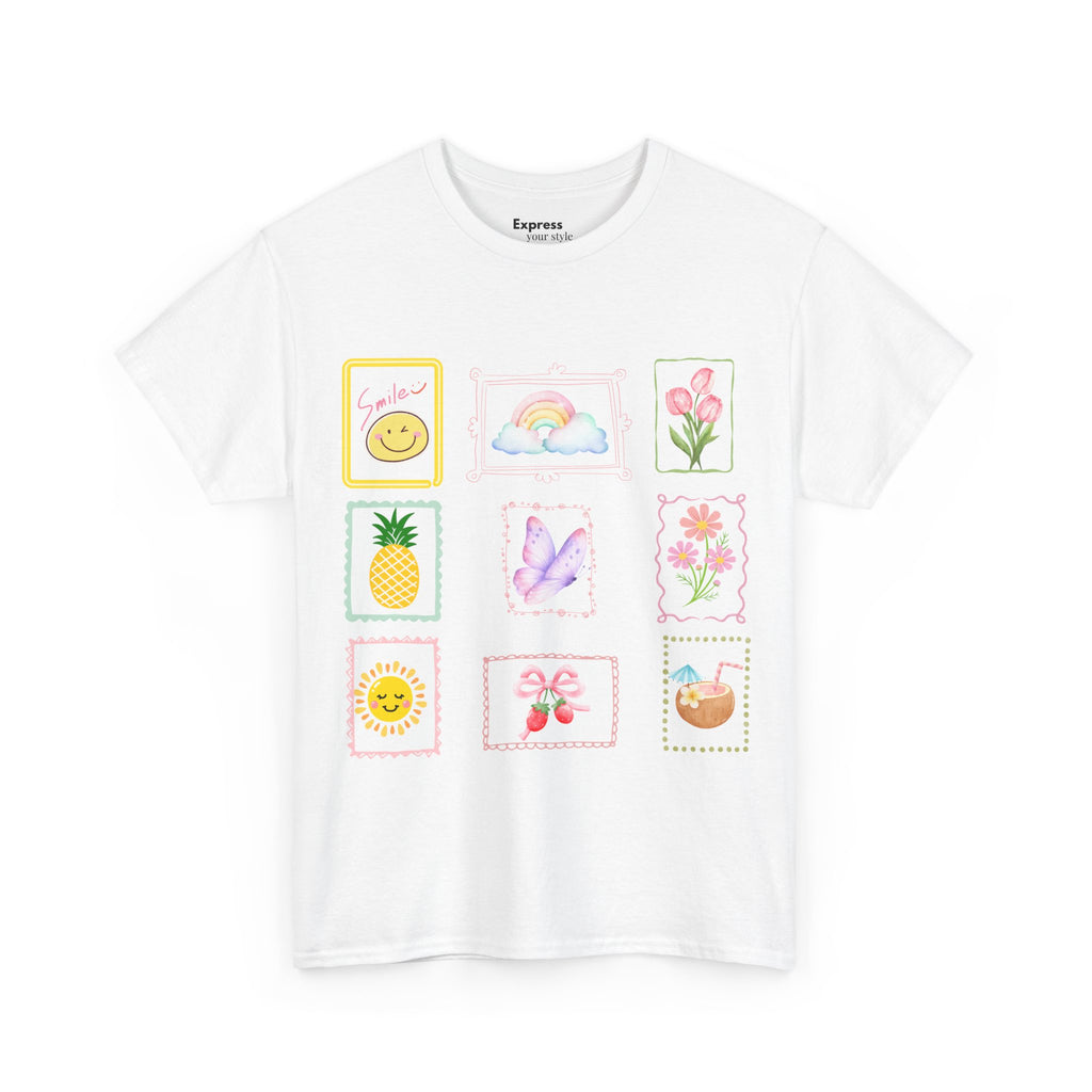 Cute Pastel Icons T‑Shirt — Smiley, Pineapple & Floral Graphic Tee