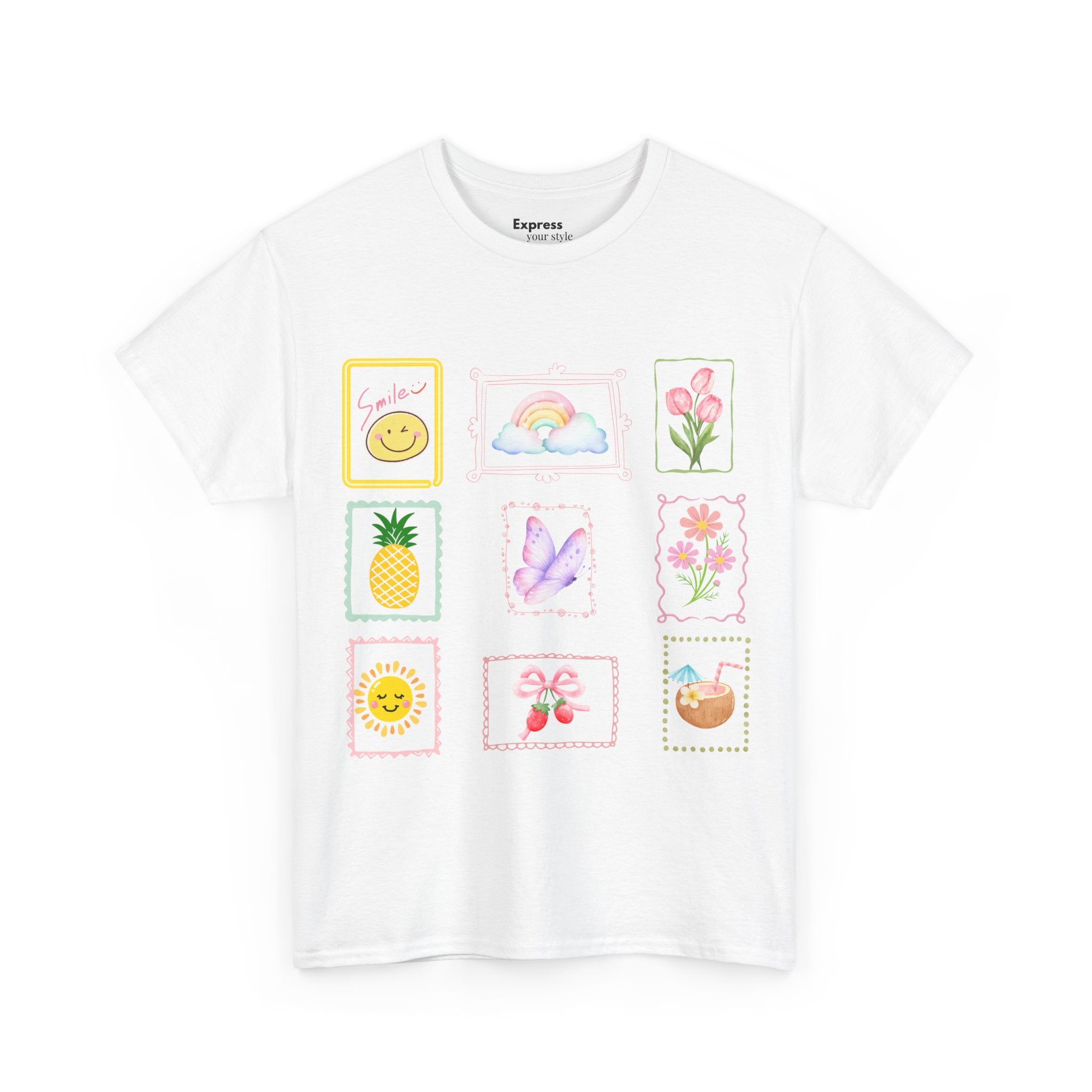 Cute Pastel Icons T‑Shirt — Smiley, Pineapple & Floral Graphic Tee