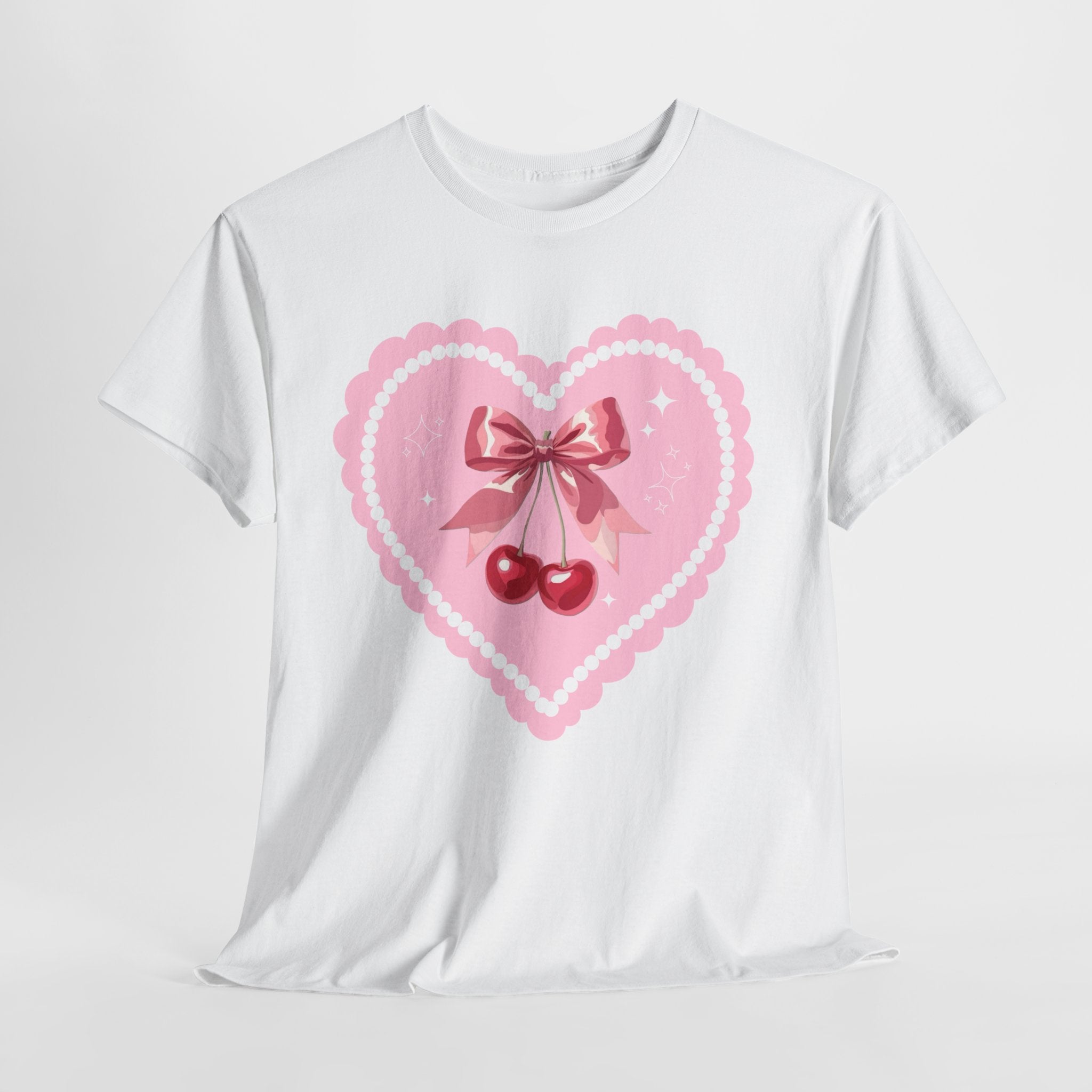 Pink Heart Cherry Graphic Tee — Cute Kawaii Valentine Shirt