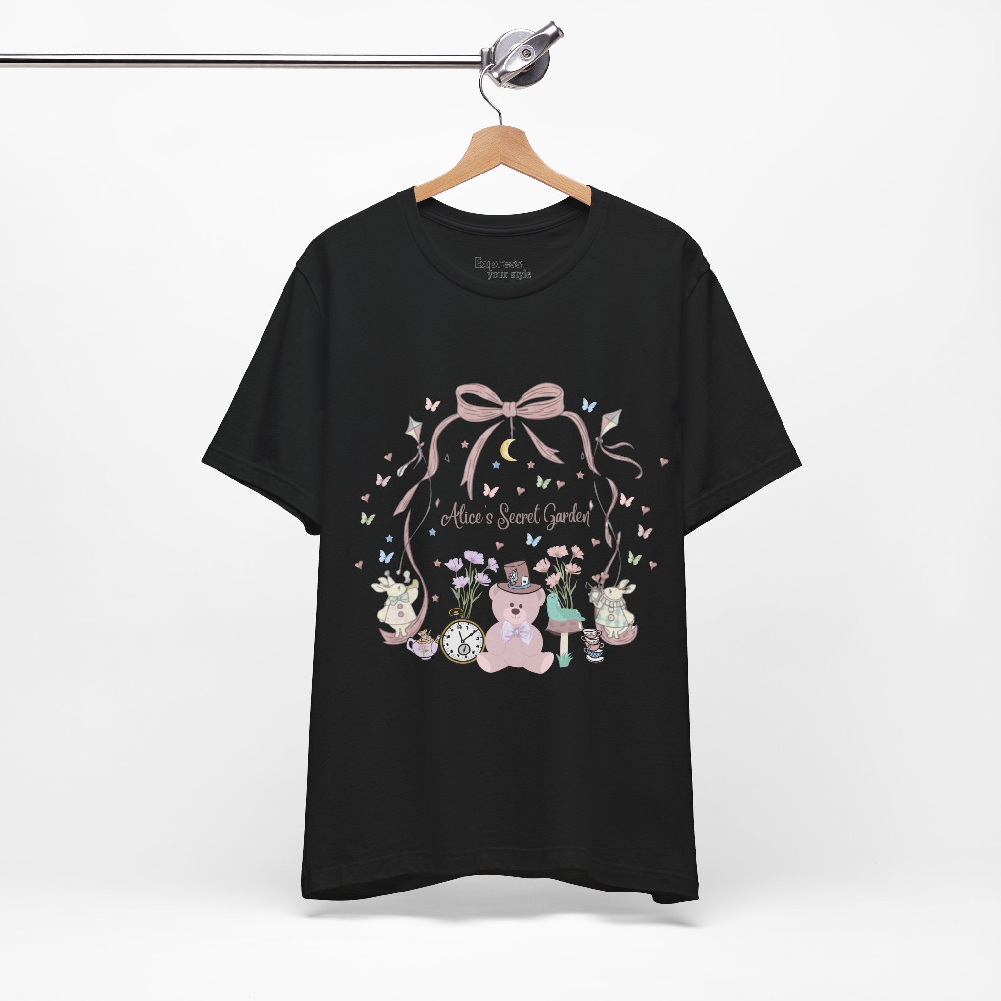 Cute Pastel Teddy Garden T‑Shirt — "Alice in Sweet Garden" Cute Vintage Teacup & Clock Design