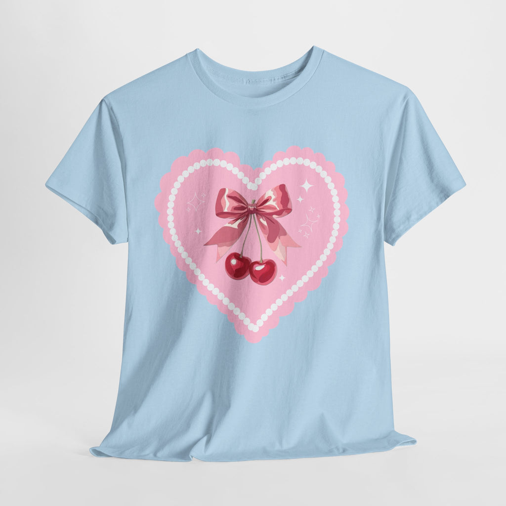 Pink Heart Cherry Graphic Tee — Cute Kawaii Valentine Shirt