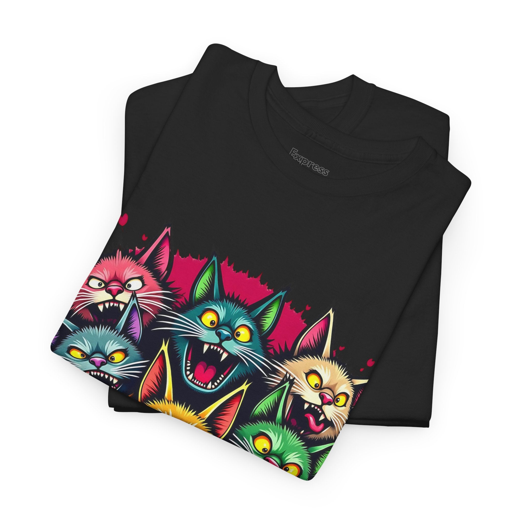 Colorful Party Cats T‑Shirt — Neon Cat Faces Graphic Tee