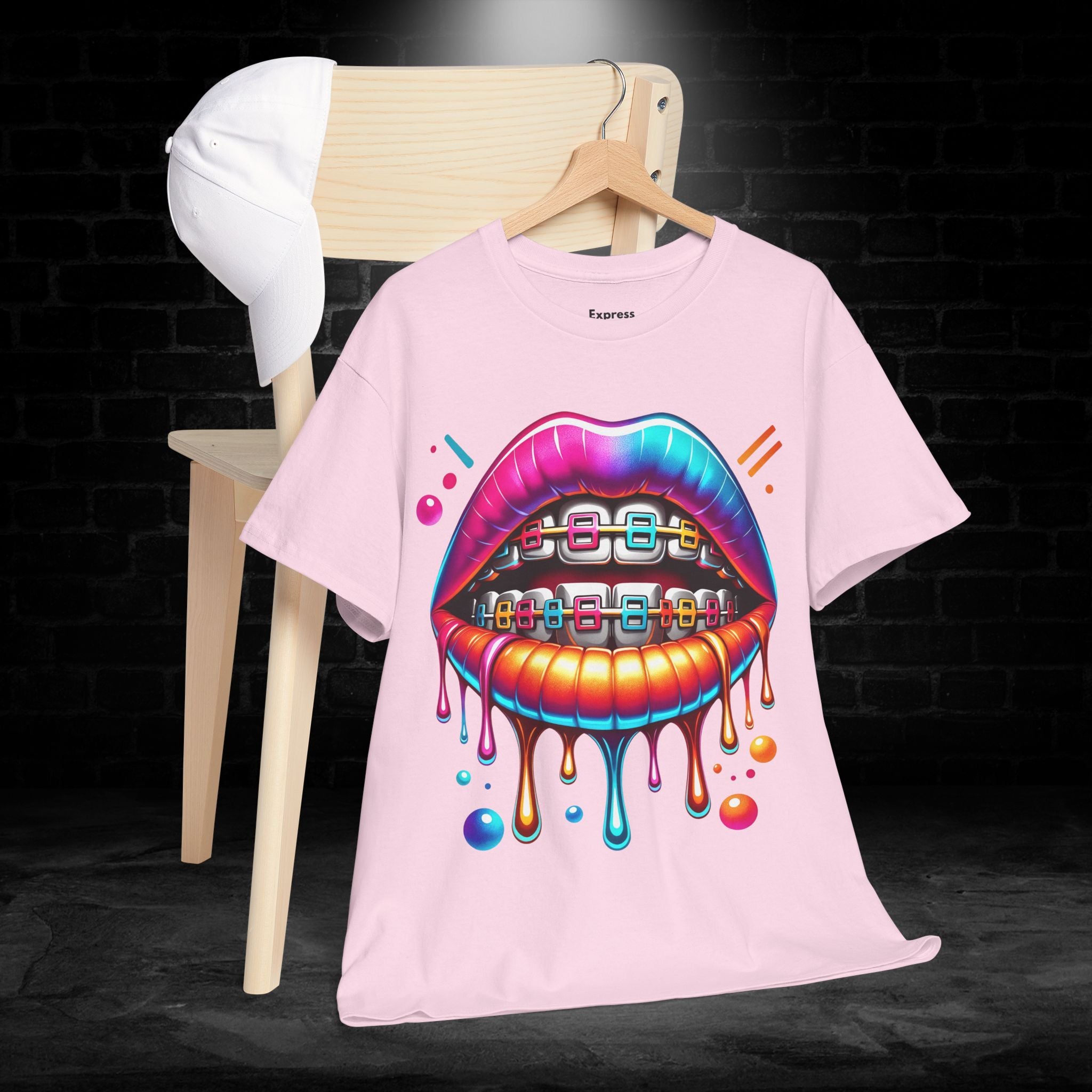 Colorful Dripping Lips Tee with Braces – Neon Pop Graphic T-Shirt