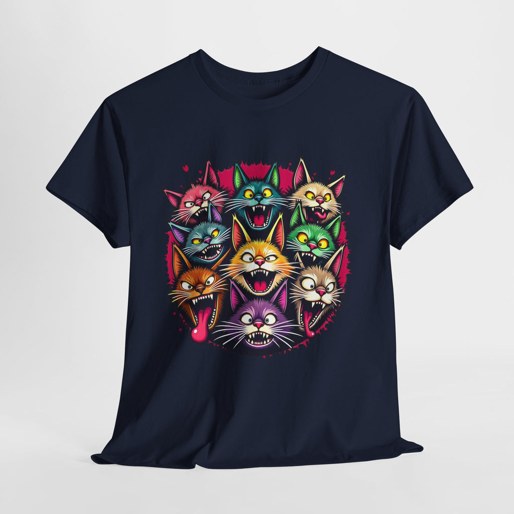 Colorful Party Cats T‑Shirt — Neon Cat Faces Graphic Tee