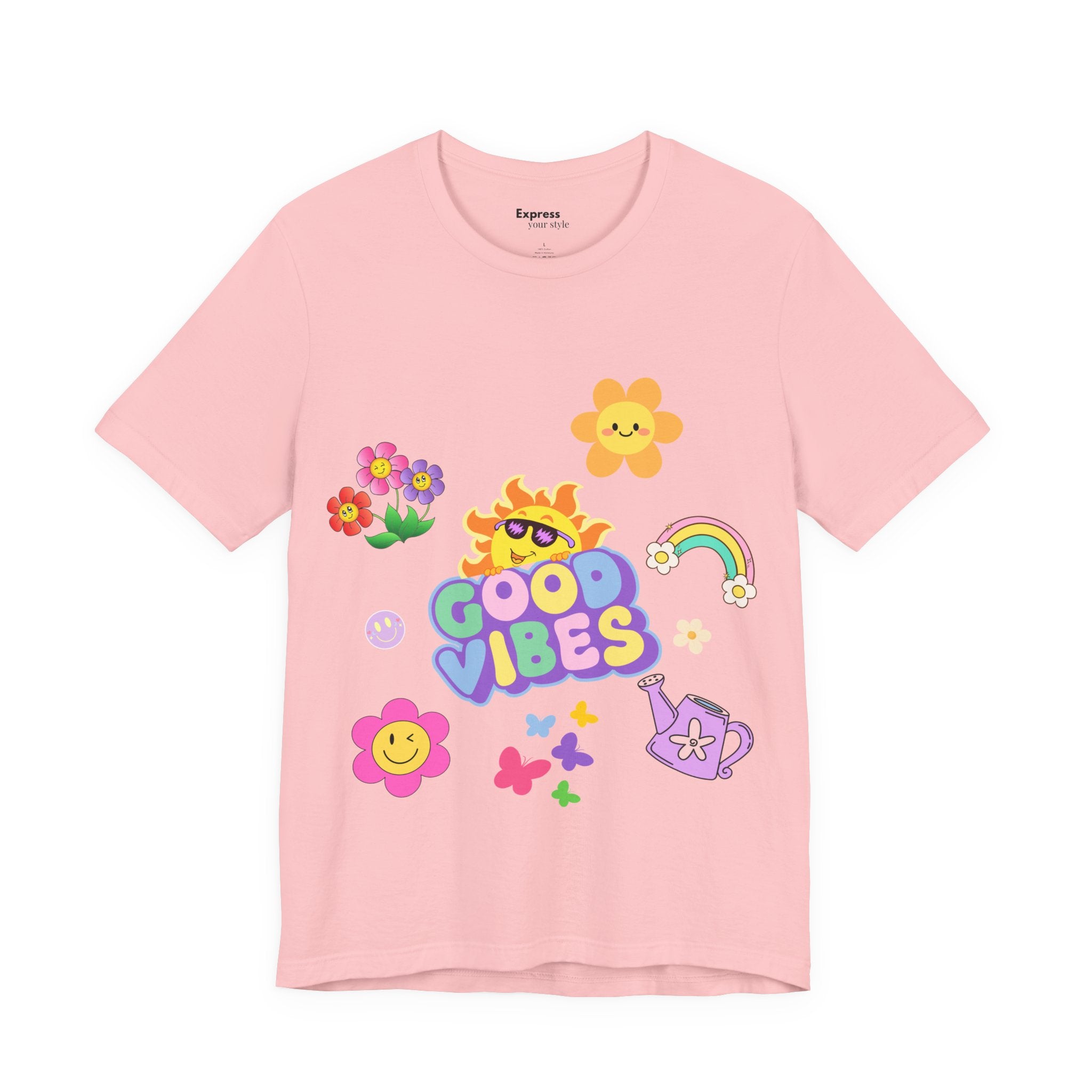 Good Vibes Floral Tee — Retro Smiley Sun & Rainbow Graphic T‑Shirt