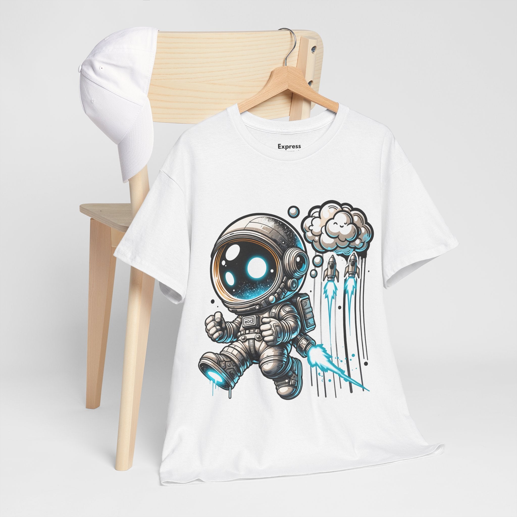 Astronaut Cartoon T-Shirt — Cute Space Explorer Tee with Jetpack & Cloud Rocket