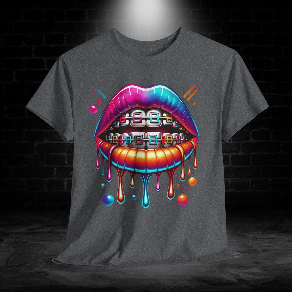 Colorful Dripping Lips Tee with Braces – Neon Pop Graphic T-Shirt