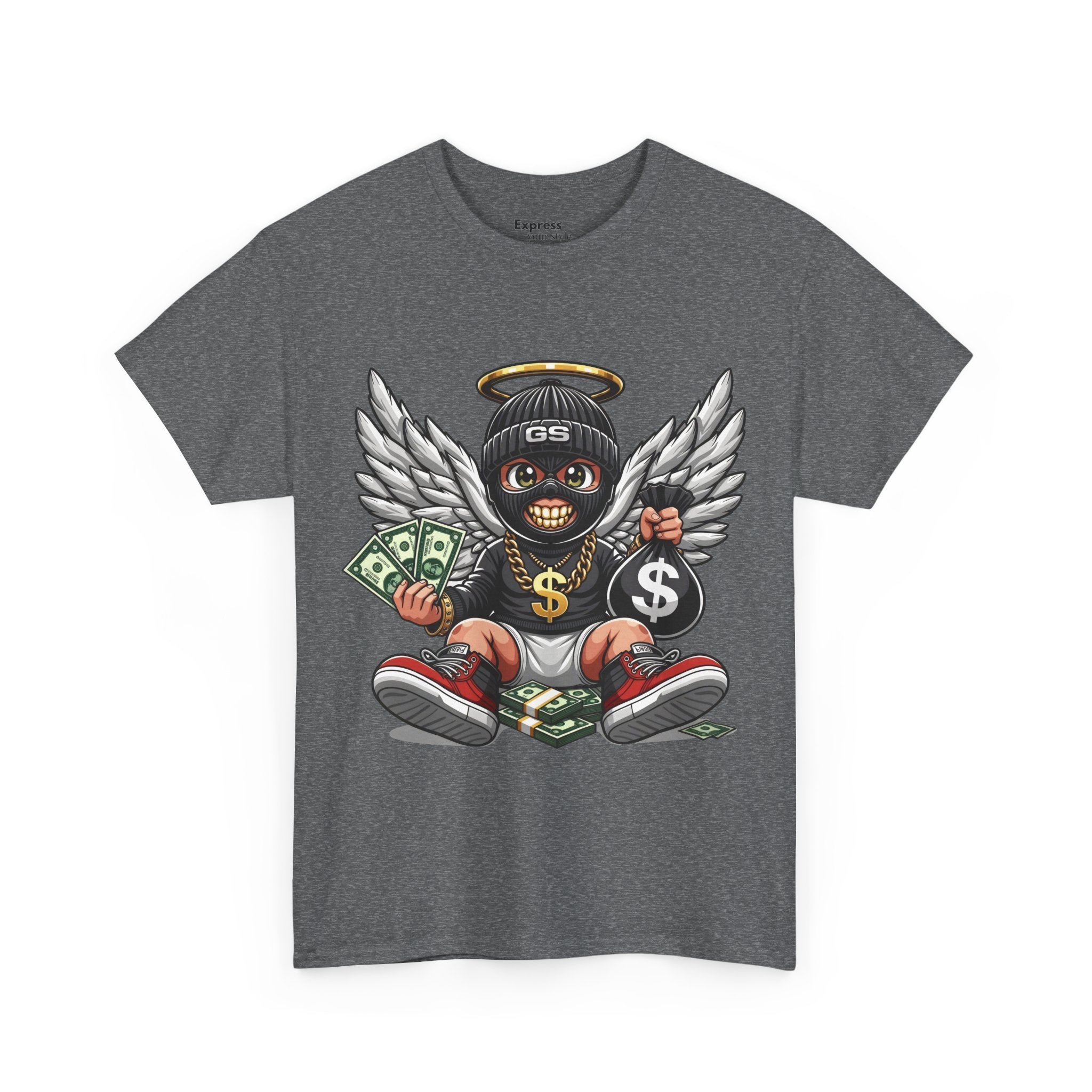 Money Angel Baby Tee — Streetwear Graphic T-Shirt with Winged Baby, Dollar Bag & Halo