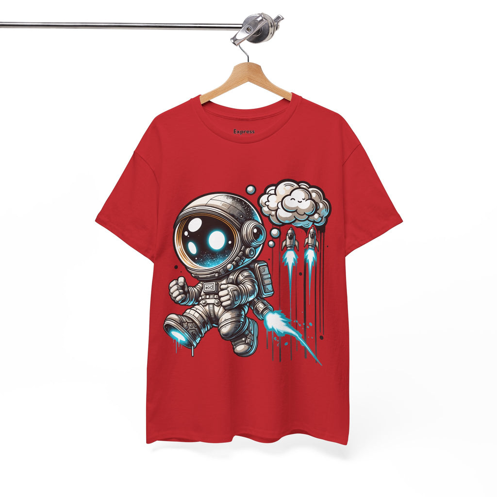 Astronaut Cartoon T-Shirt — Cute Space Explorer Tee with Jetpack & Cloud Rocket