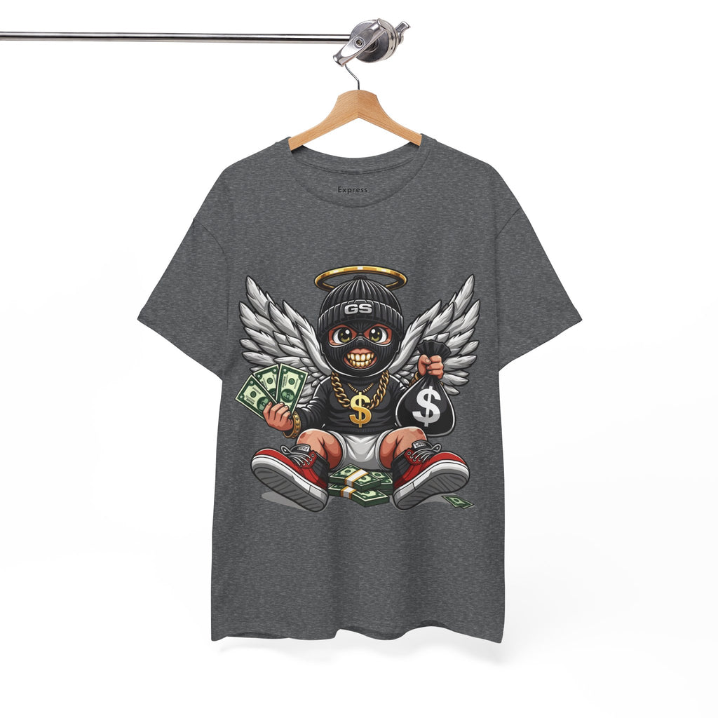 Money Angel Baby Tee — Streetwear Graphic T-Shirt with Winged Baby, Dollar Bag & Halo