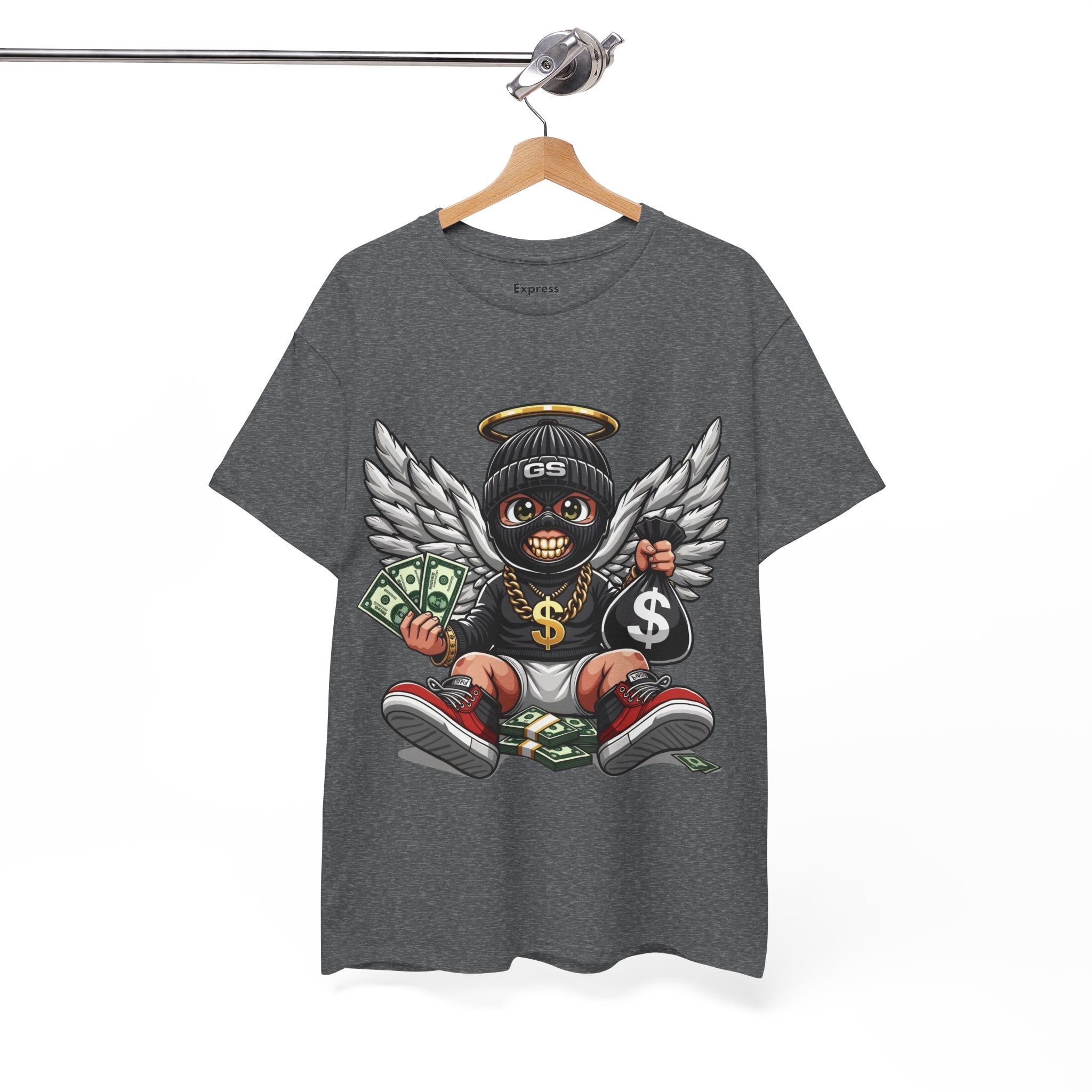 Money Angel Baby Tee — Streetwear Graphic T-Shirt with Winged Baby, Dollar Bag & Halo