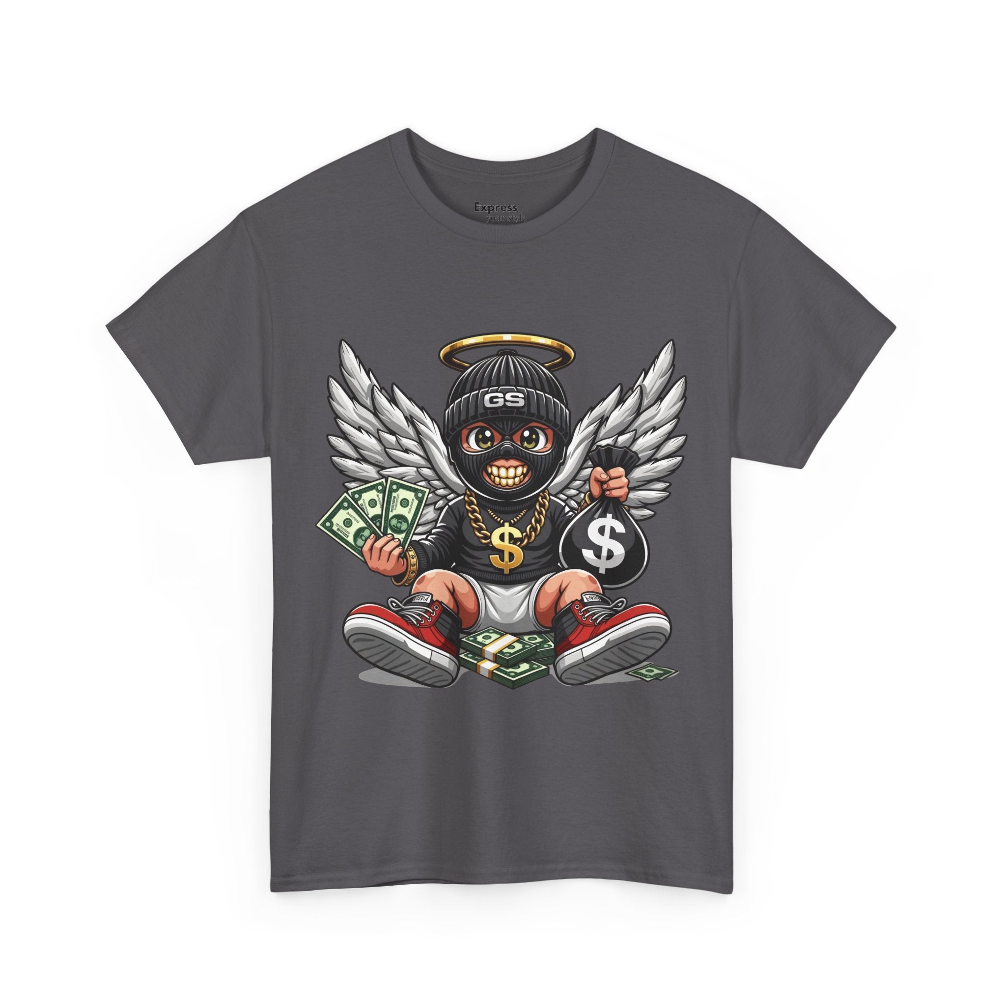 Money Angel Baby Tee — Streetwear Graphic T-Shirt with Winged Baby, Dollar Bag & Halo