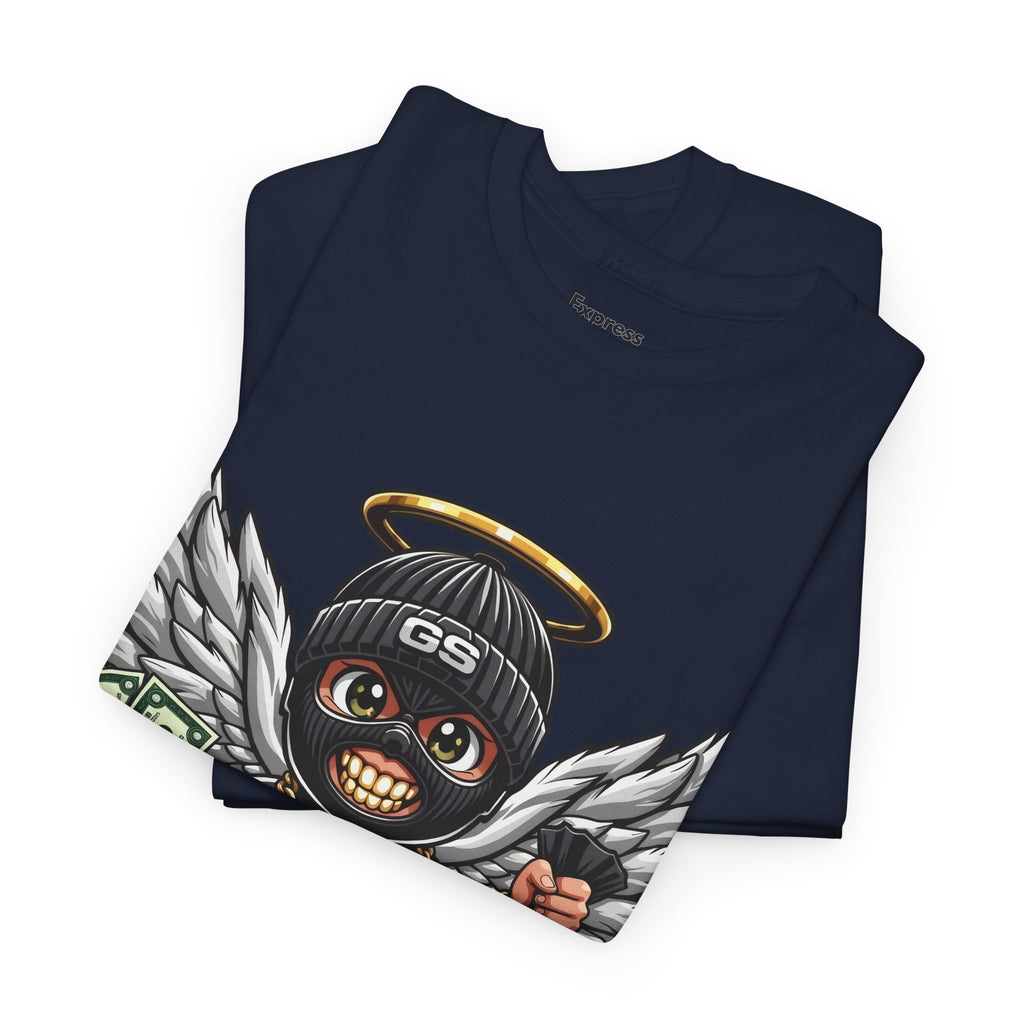 Money Angel Baby Tee — Streetwear Graphic T-Shirt with Winged Baby, Dollar Bag & Halo