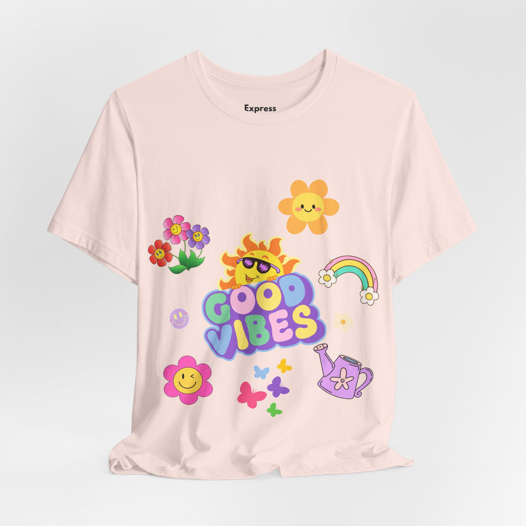 Good Vibes Floral Tee — Retro Smiley Sun & Rainbow Graphic T‑Shirt