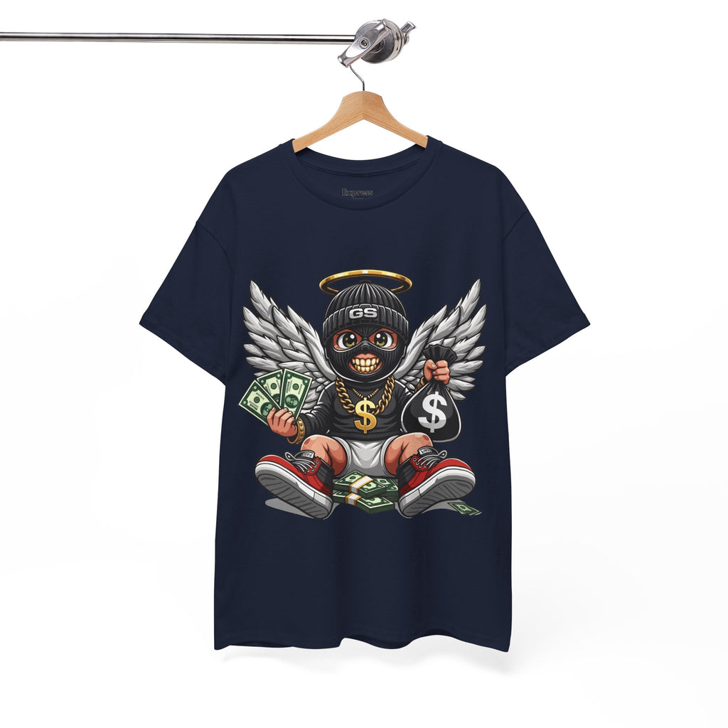 Money Angel Baby Tee — Streetwear Graphic T-Shirt with Winged Baby, Dollar Bag & Halo