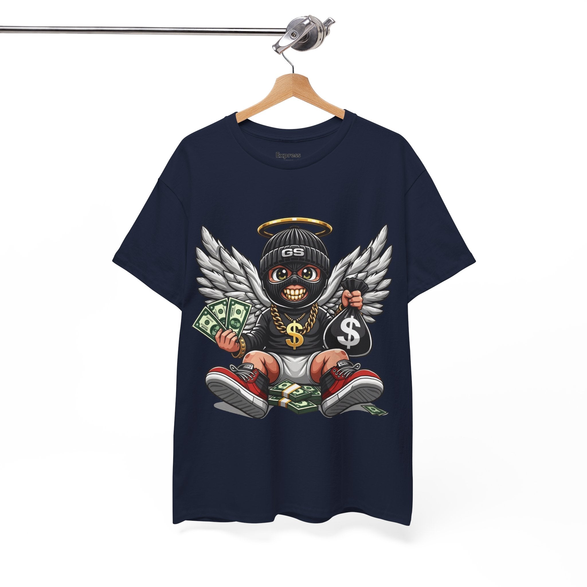 Money Angel Baby Tee — Streetwear Graphic T-Shirt with Winged Baby, Dollar Bag & Halo
