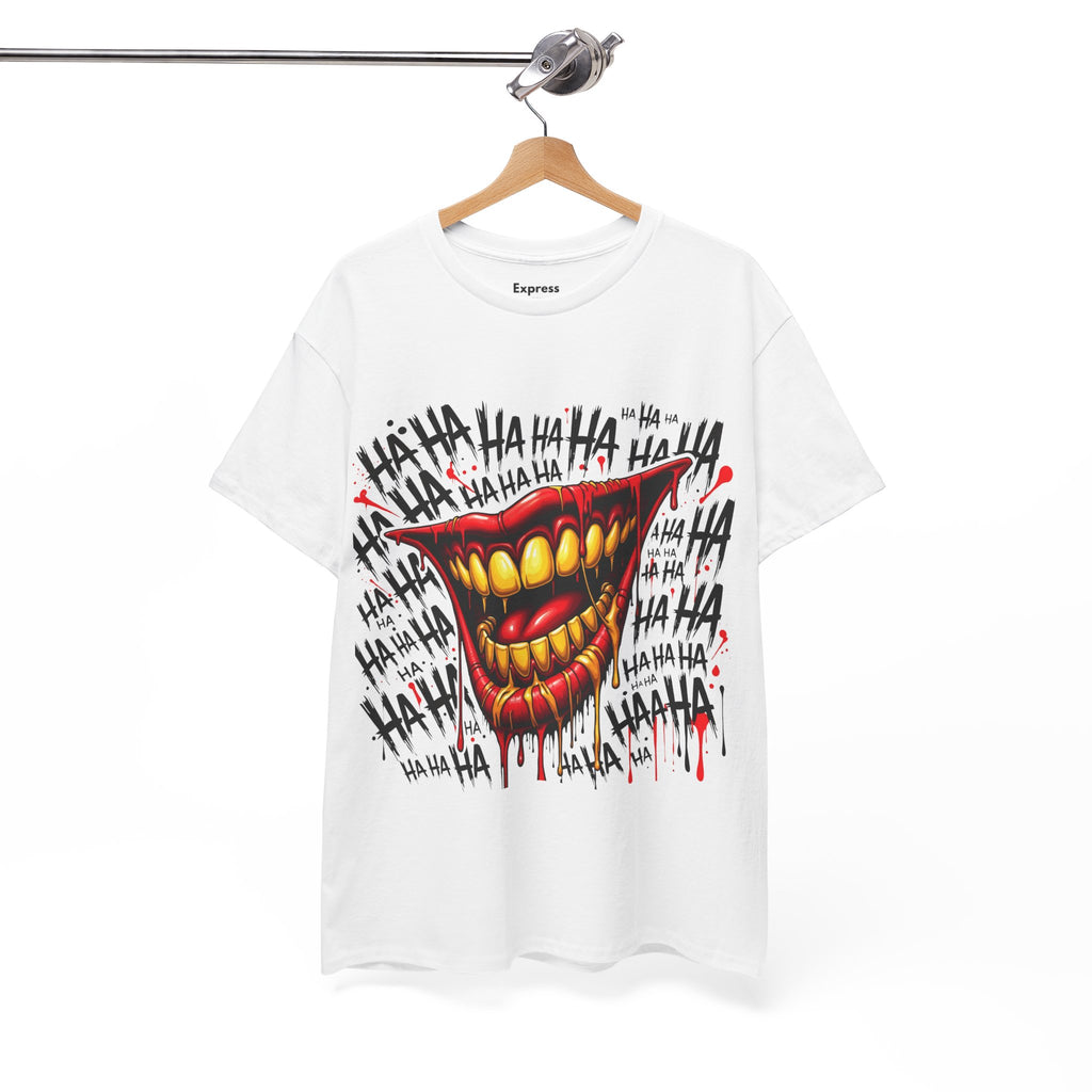 Laughing Mouth Graphic Tee — Horror Joker 'HA HA' Dripping Smile T-Shirt
