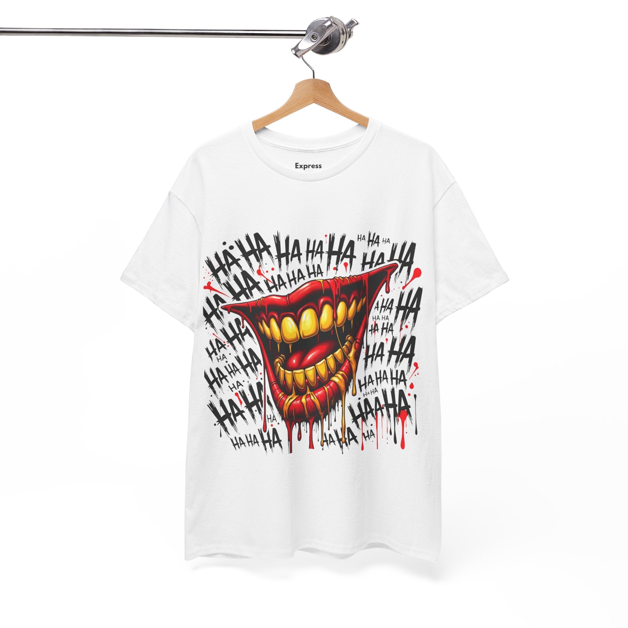 Laughing Mouth Graphic Tee — Horror Joker 'HA HA' Dripping Smile T-Shirt