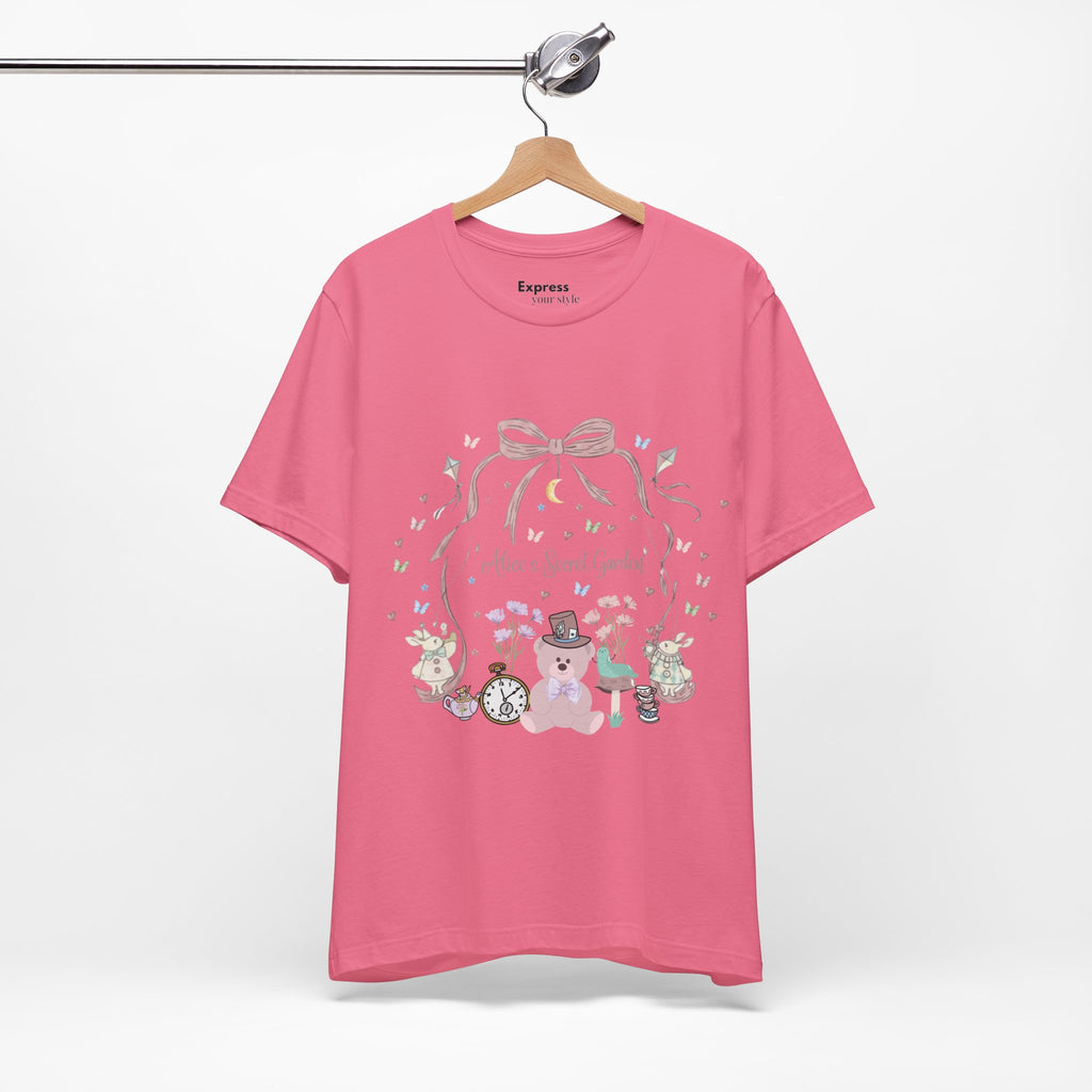 Cute Pastel Teddy Garden T‑Shirt — "Alice in Sweet Garden" Cute Vintage Teacup & Clock Design
