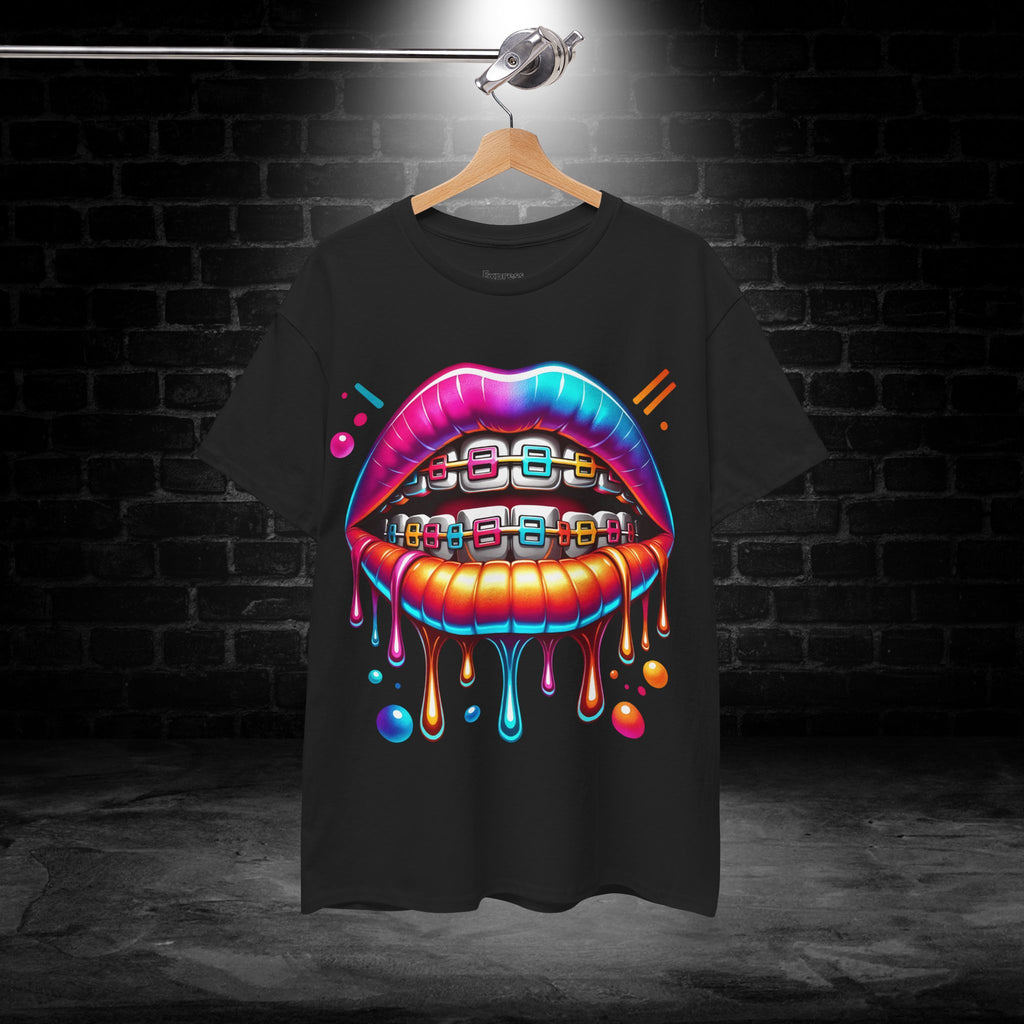 Colorful Dripping Lips Tee with Braces – Neon Pop Graphic T-Shirt