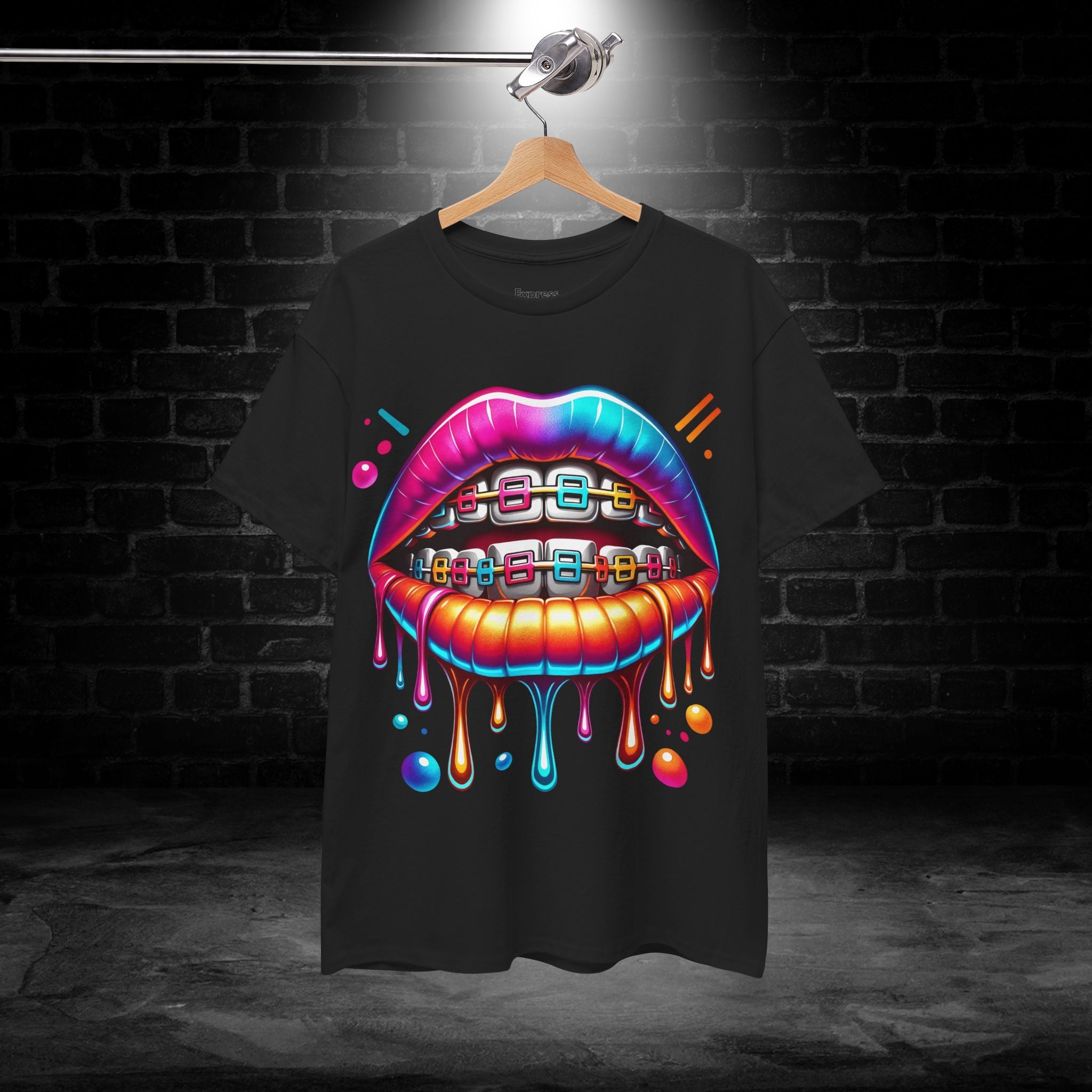 Colorful Dripping Lips Tee with Braces – Neon Pop Graphic T-Shirt