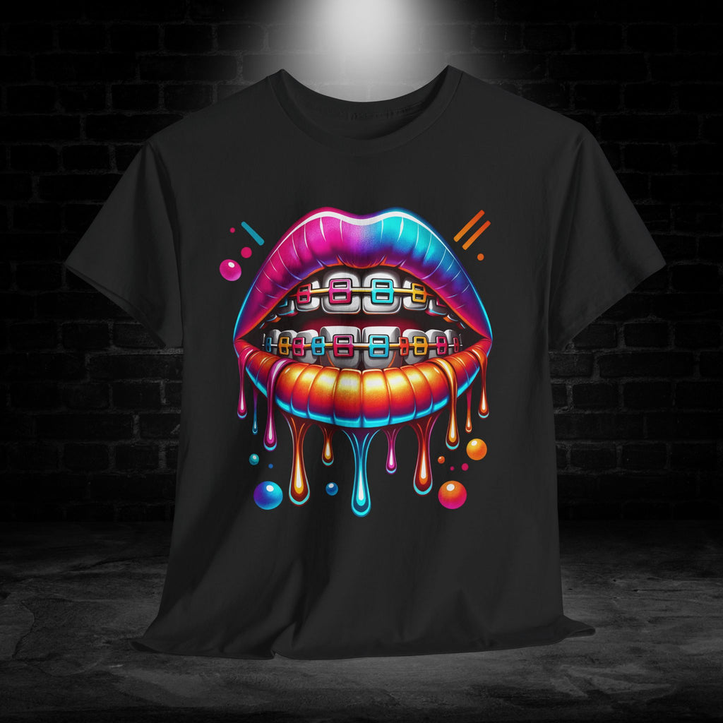 Colorful Dripping Lips Tee with Braces – Neon Pop Graphic T-Shirt