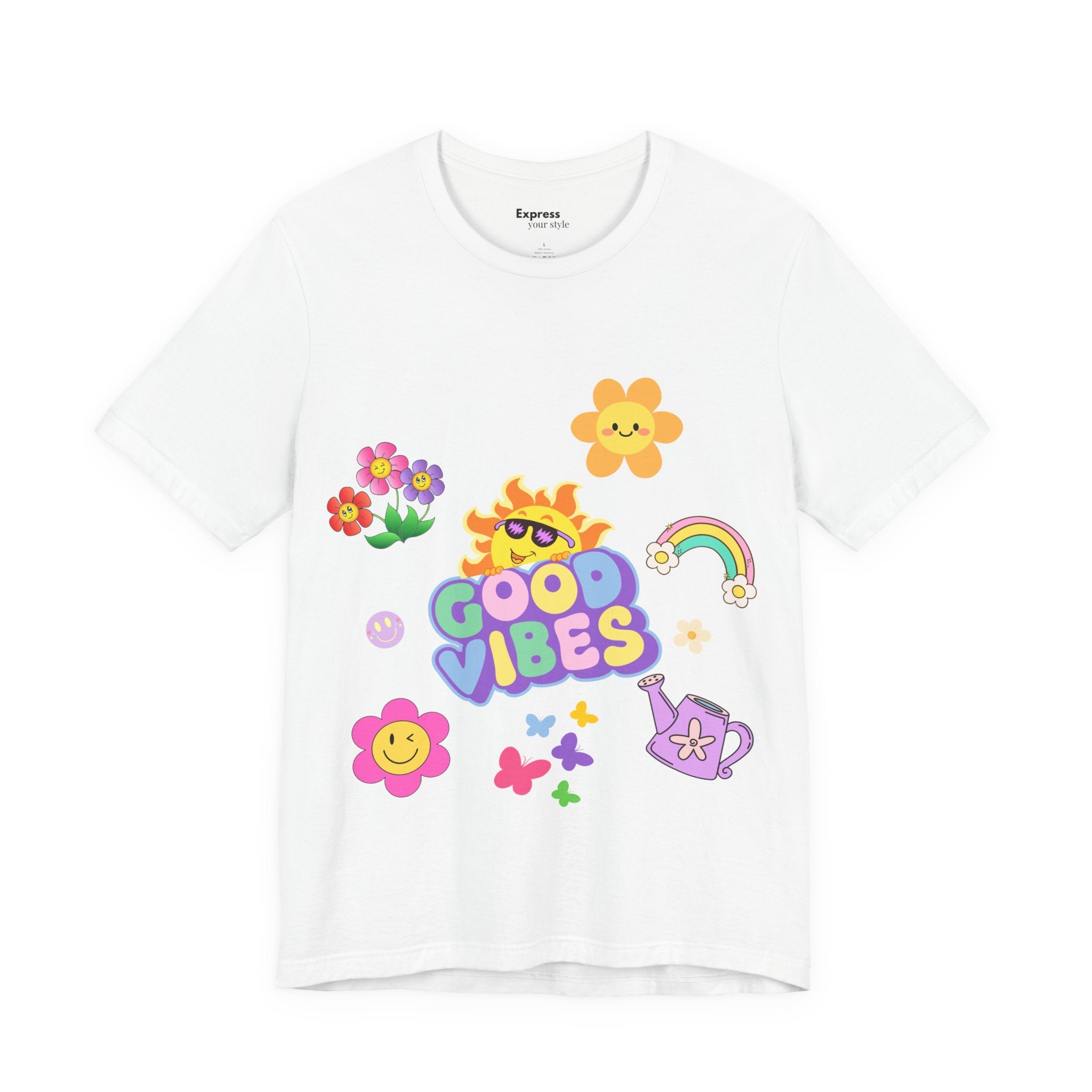 Good Vibes Floral Tee — Retro Smiley Sun & Rainbow Graphic T‑Shirt