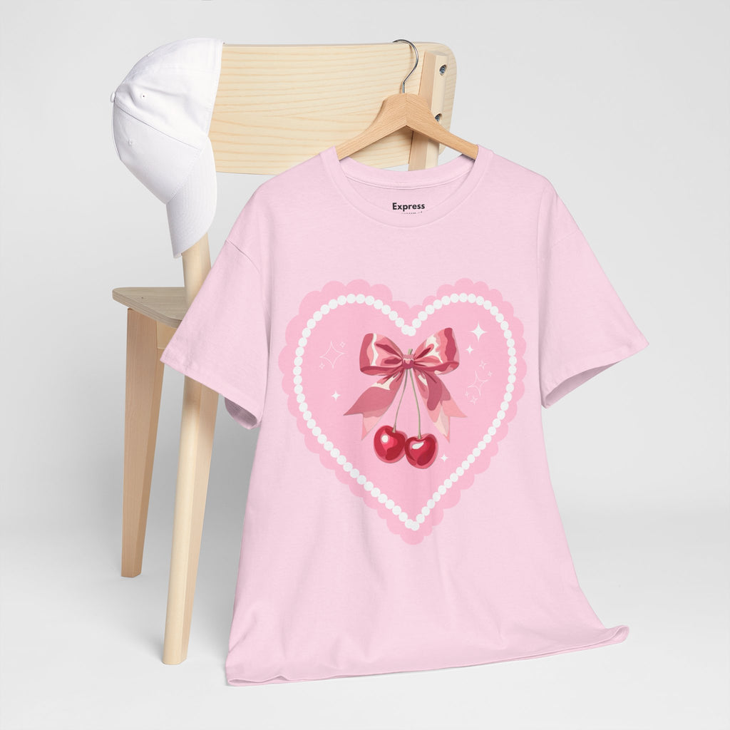 Pink Heart Cherry Graphic Tee — Cute Kawaii Valentine Shirt