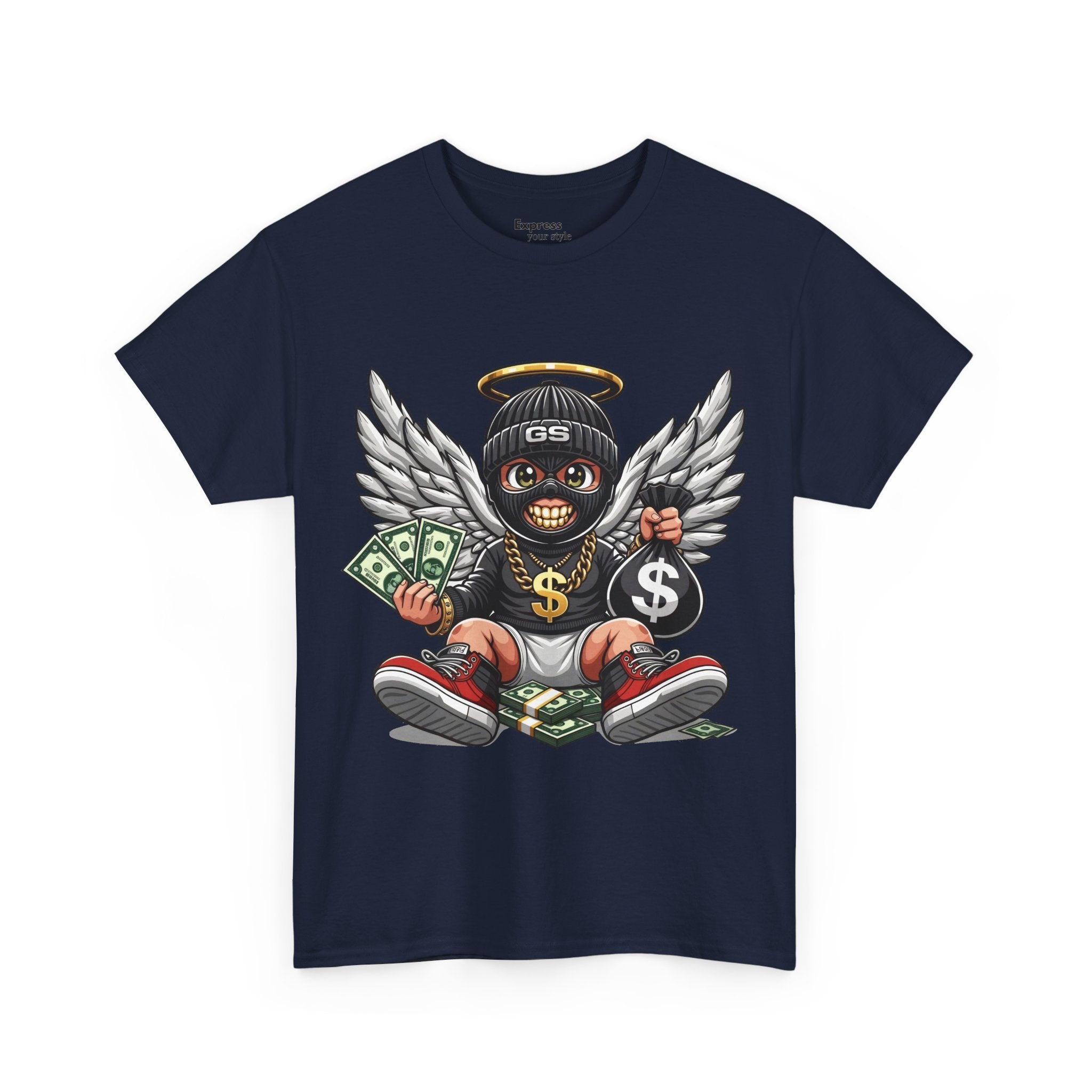 Money Angel Baby Tee — Streetwear Graphic T-Shirt with Winged Baby, Dollar Bag & Halo