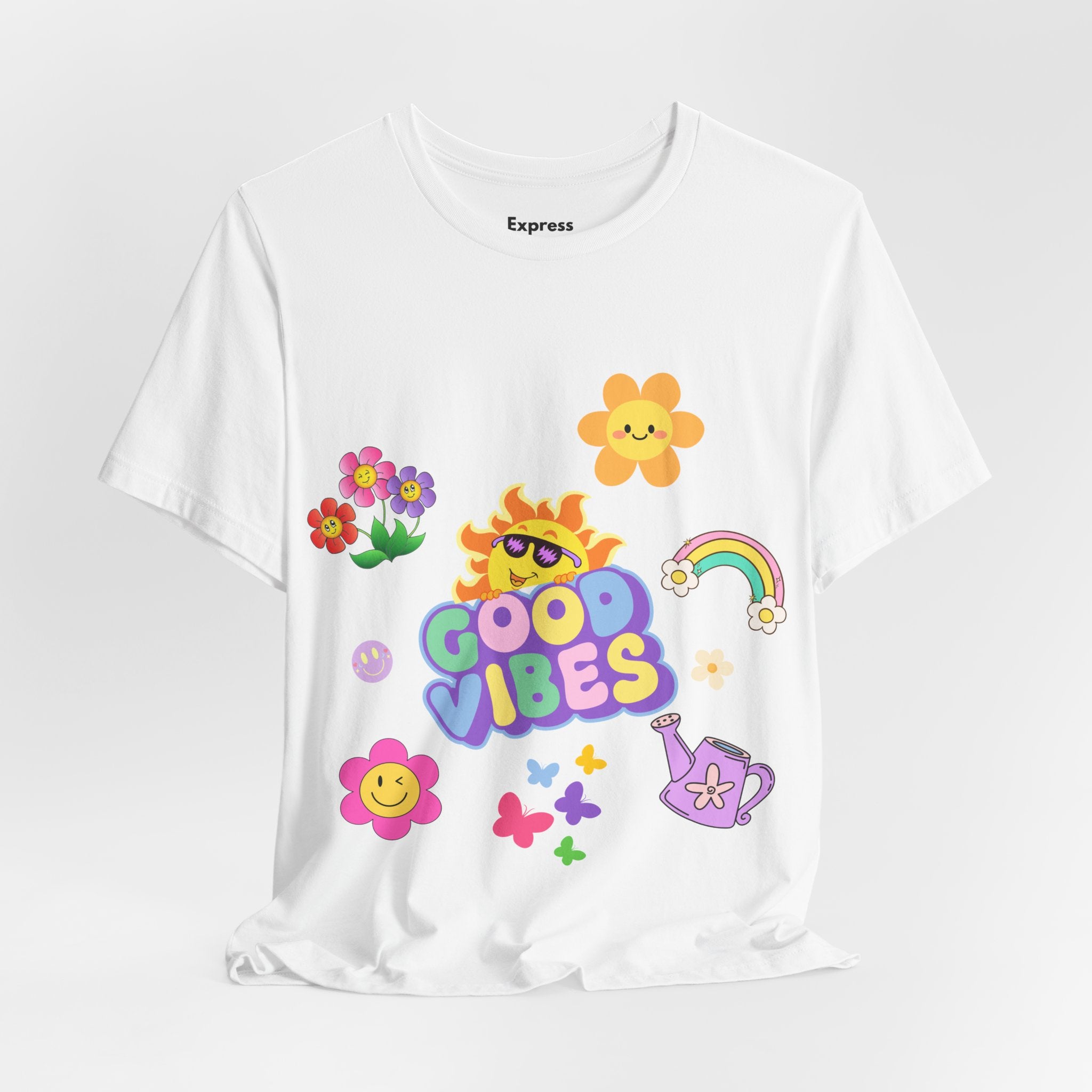 Good Vibes Floral Tee — Retro Smiley Sun & Rainbow Graphic T‑Shirt