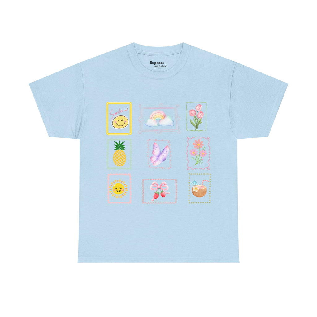 Cute Pastel Icons T‑Shirt — Smiley, Pineapple & Floral Graphic Tee