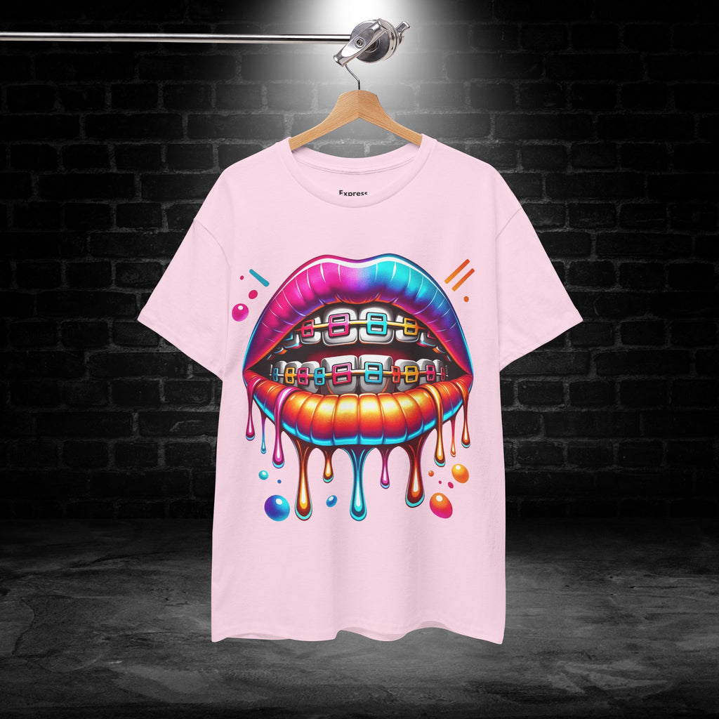 Colorful Dripping Lips Tee with Braces – Neon Pop Graphic T-Shirt
