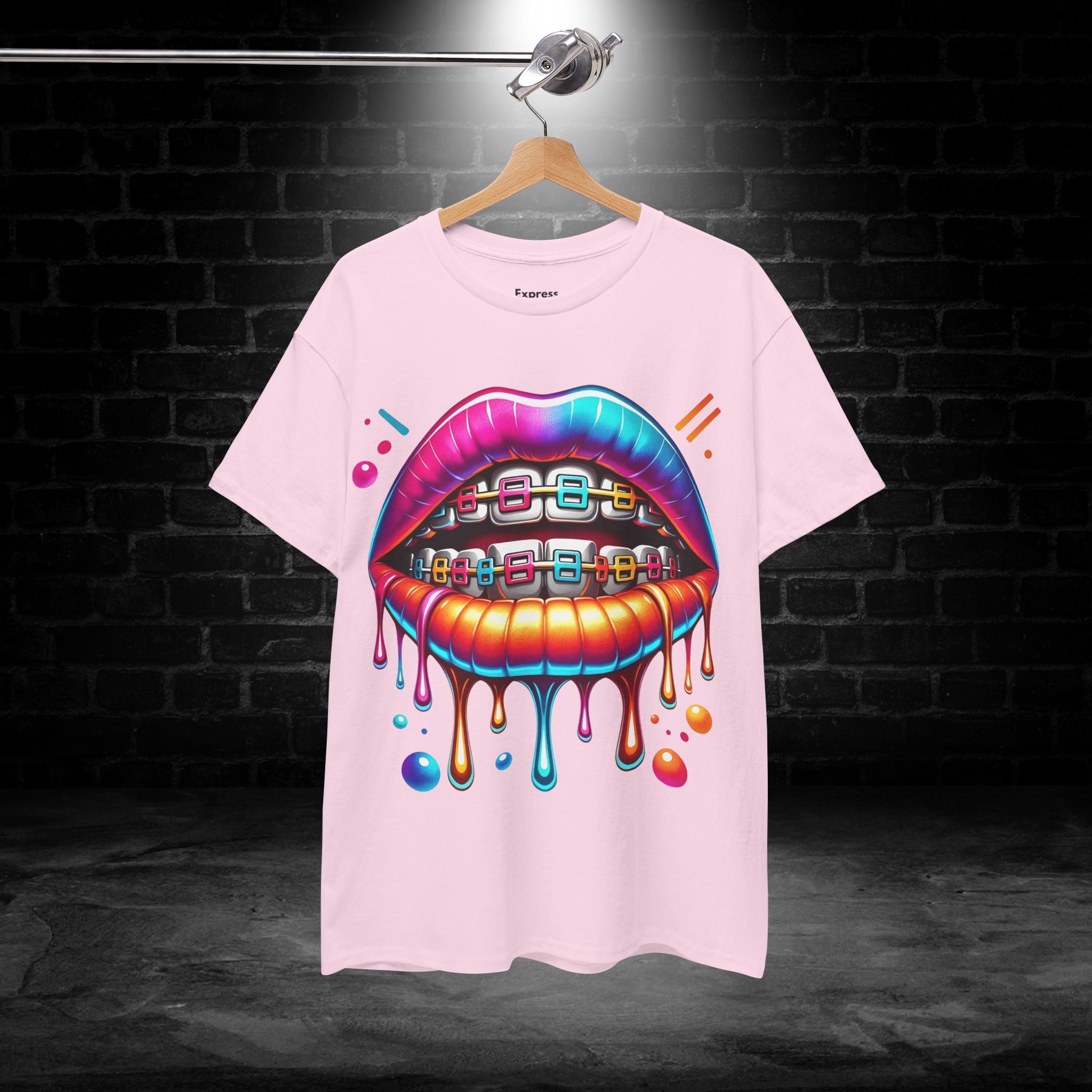 Colorful Dripping Lips Tee with Braces – Neon Pop Graphic T-Shirt