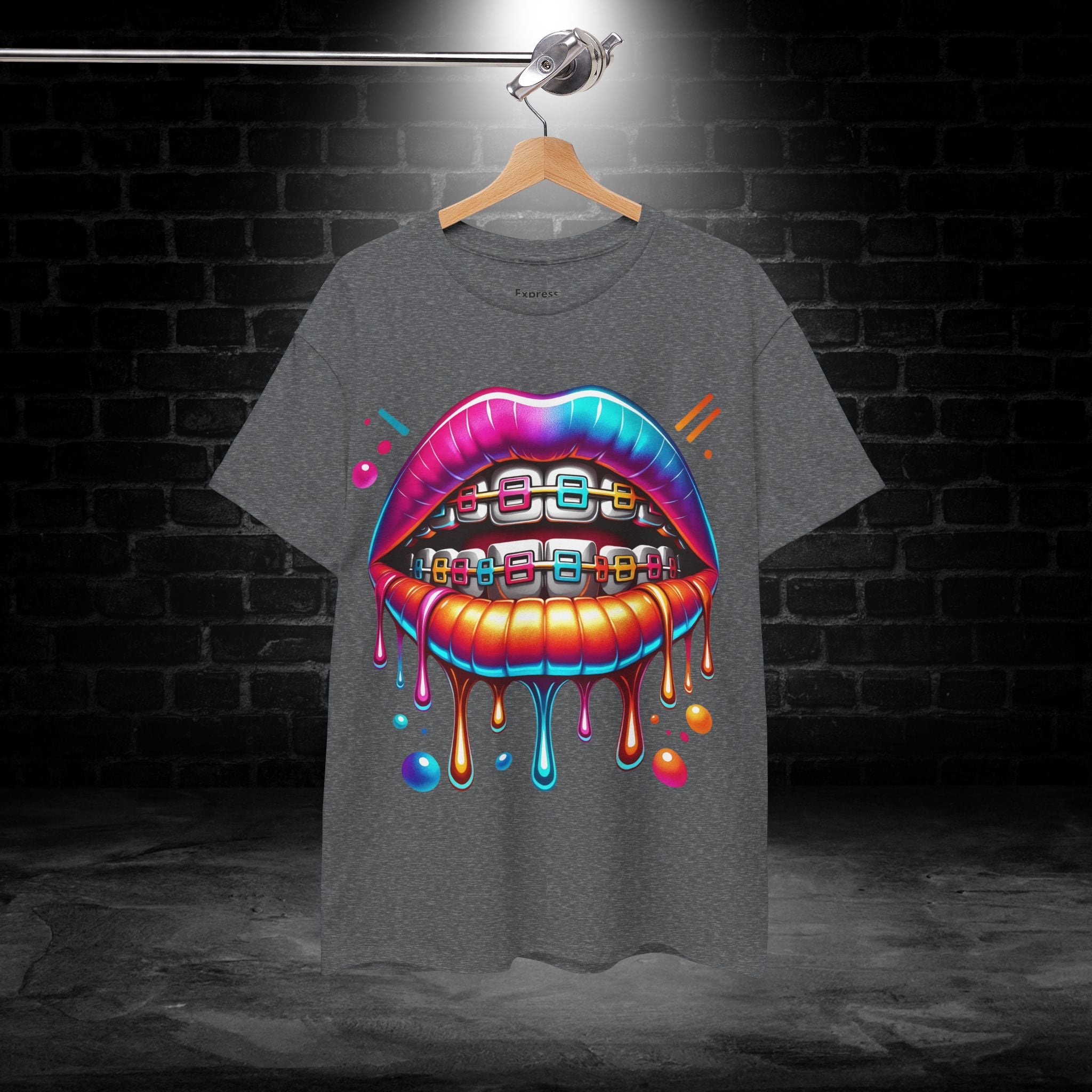 Colorful Dripping Lips Tee with Braces – Neon Pop Graphic T-Shirt