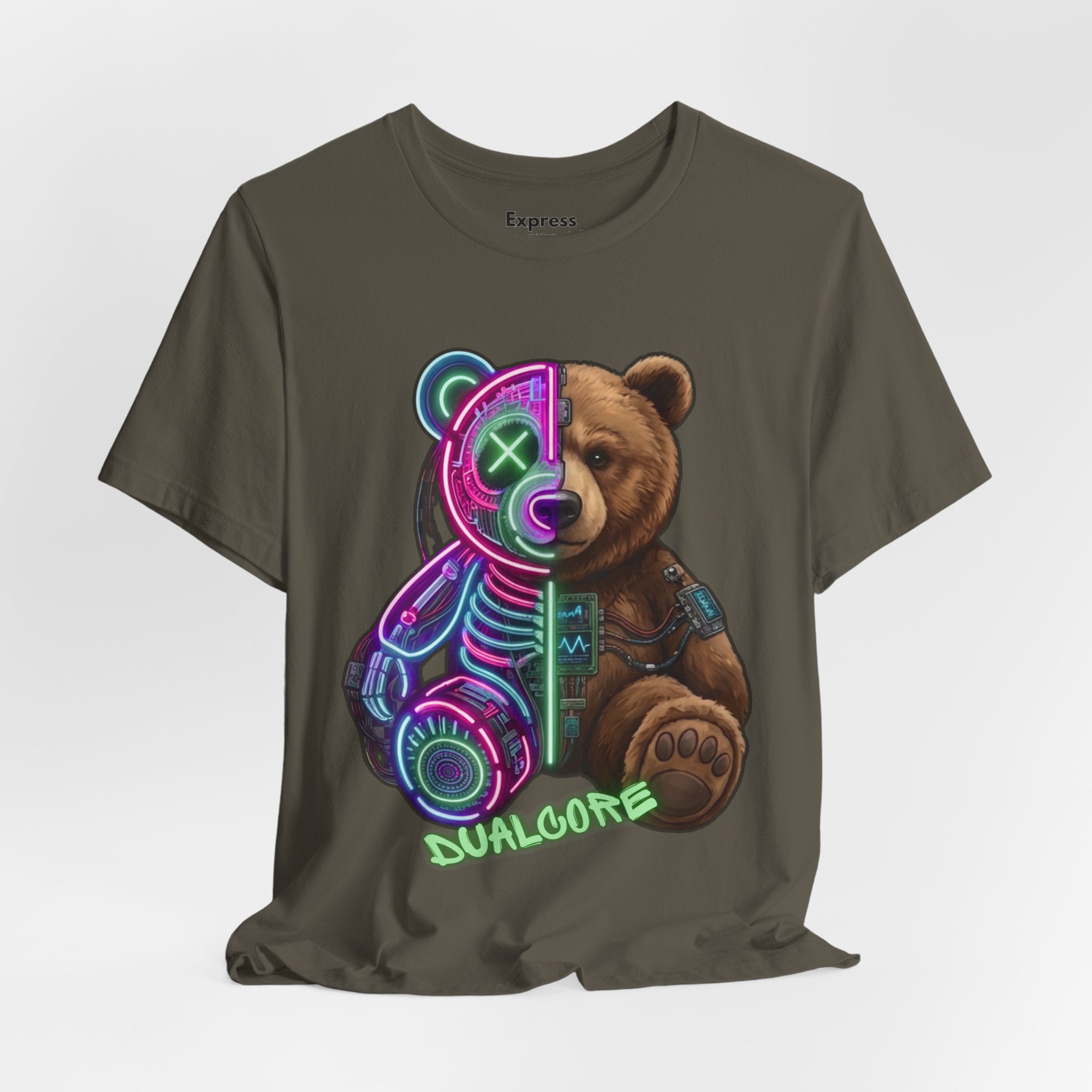 Dualcore Teddy T‑Shirt — Neon Cyberpunk Bear Graphic Tee