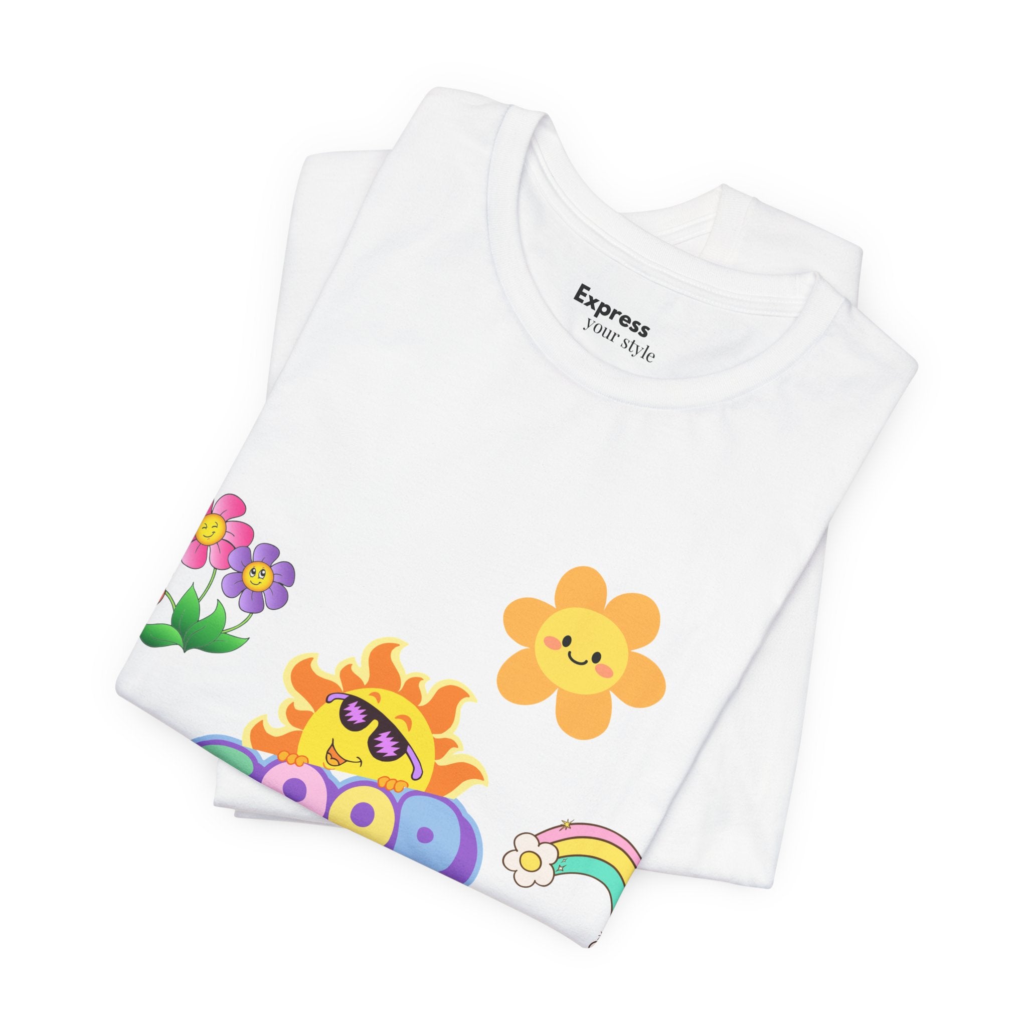 Good Vibes Floral Tee — Retro Smiley Sun & Rainbow Graphic T‑Shirt
