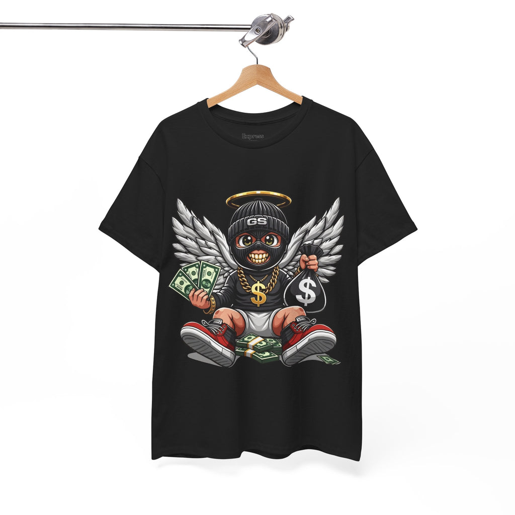 Money Angel Baby Tee — Streetwear Graphic T-Shirt with Winged Baby, Dollar Bag & Halo