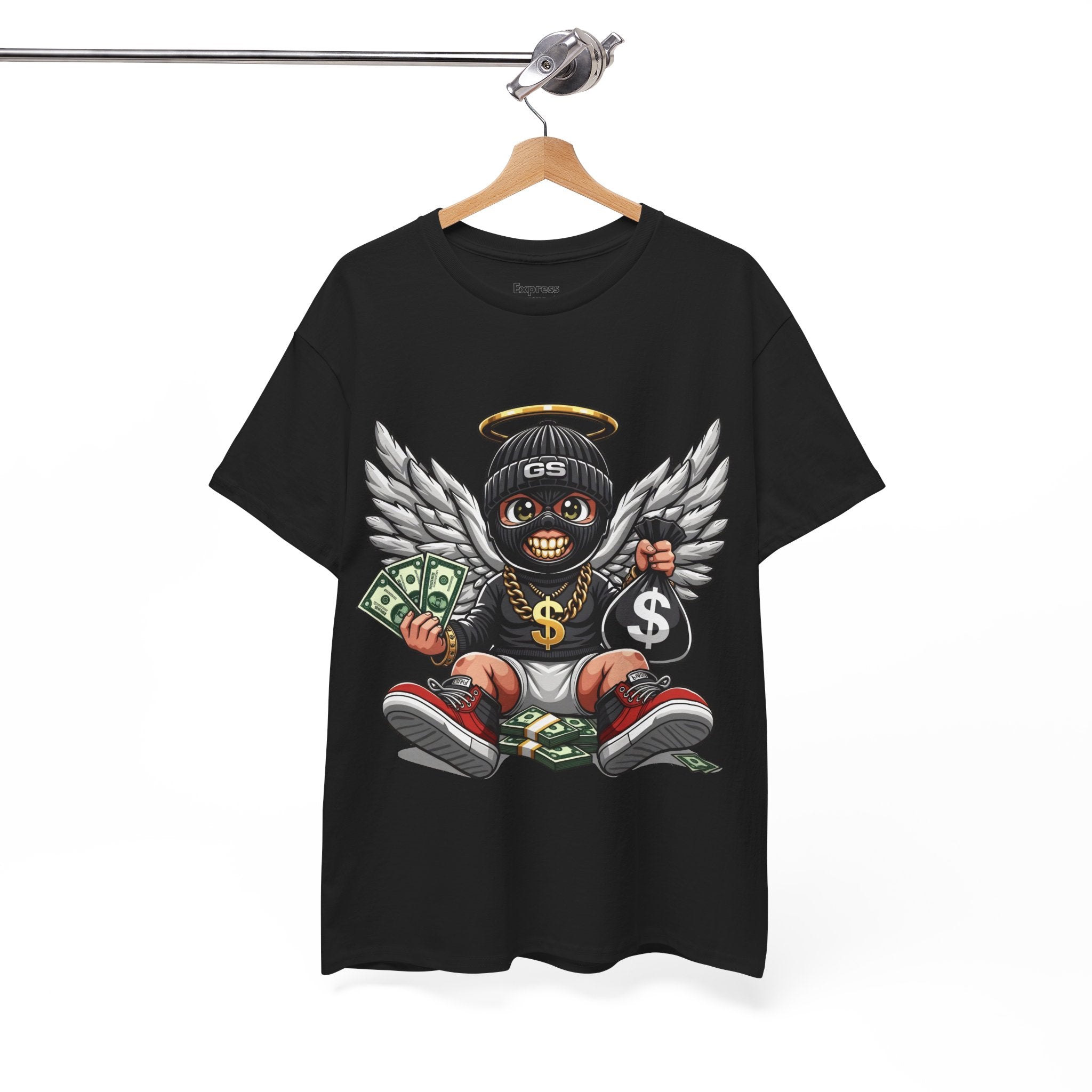 Money Angel Baby Tee — Streetwear Graphic T-Shirt with Winged Baby, Dollar Bag & Halo