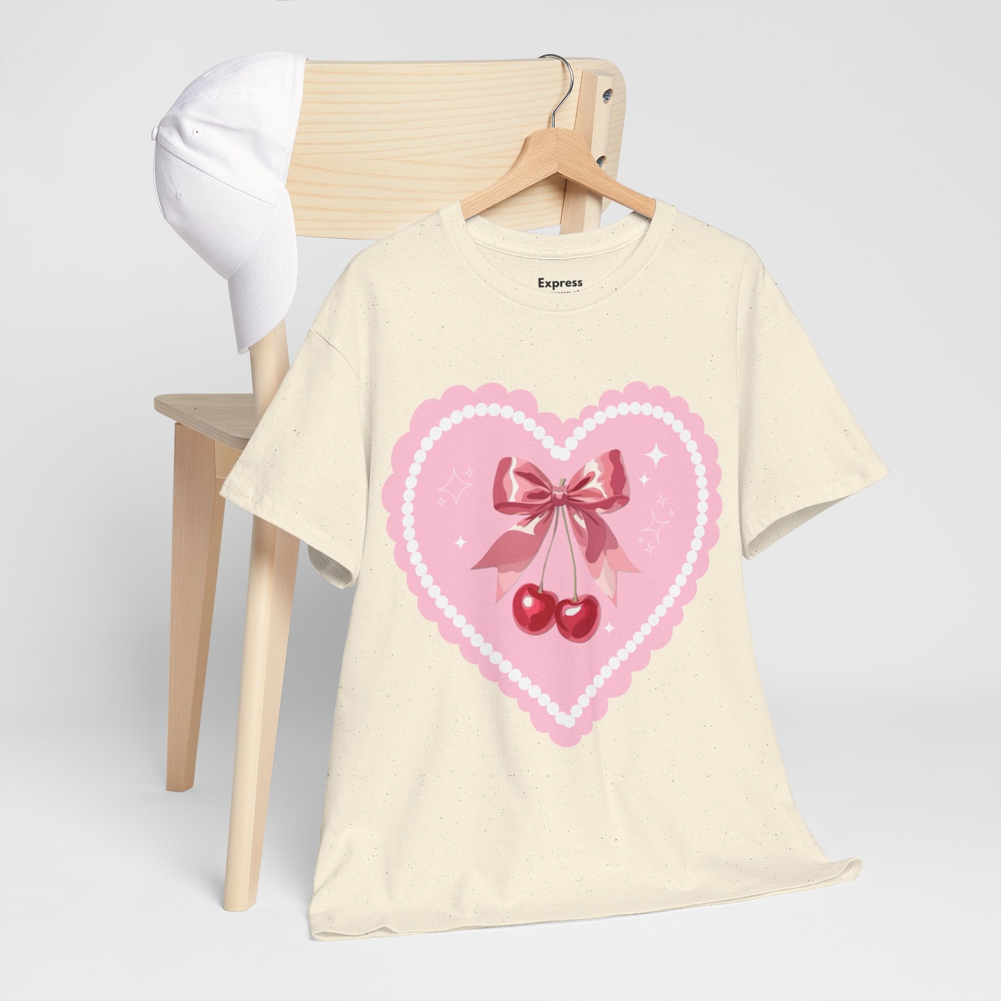 Pink Heart Cherry Graphic Tee — Cute Kawaii Valentine Shirt