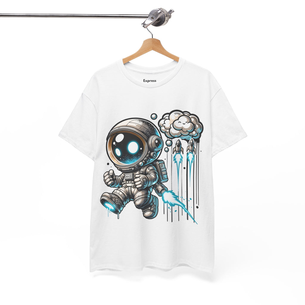 Astronaut Cartoon T-Shirt — Cute Space Explorer Tee with Jetpack & Cloud Rocket