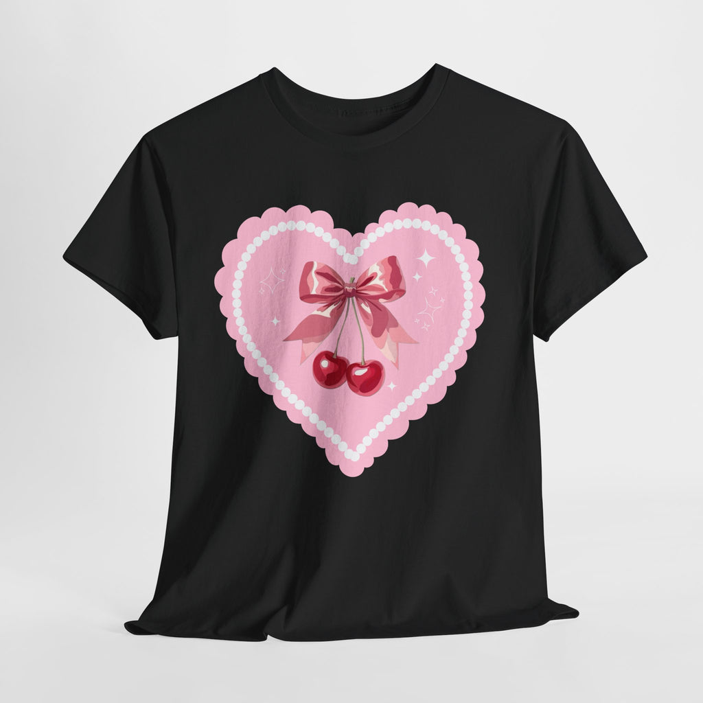 Pink Heart Cherry Graphic Tee — Cute Kawaii Valentine Shirt