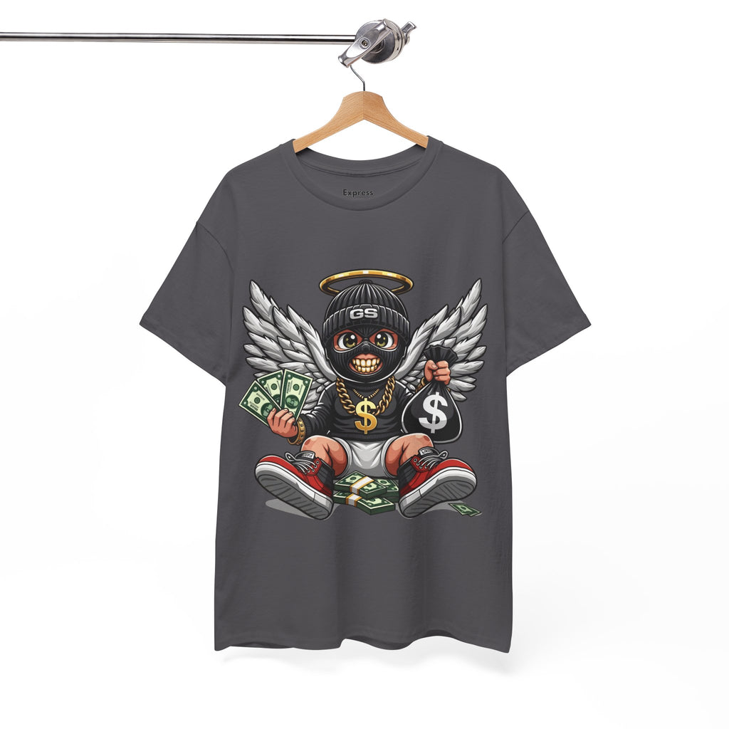 Money Angel Baby Tee — Streetwear Graphic T-Shirt with Winged Baby, Dollar Bag & Halo