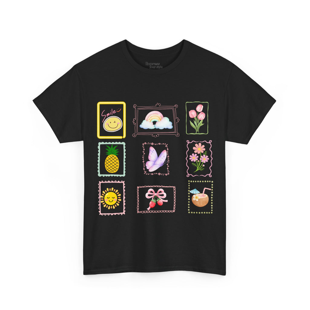 Cute Pastel Icons T‑Shirt — Smiley, Pineapple & Floral Graphic Tee