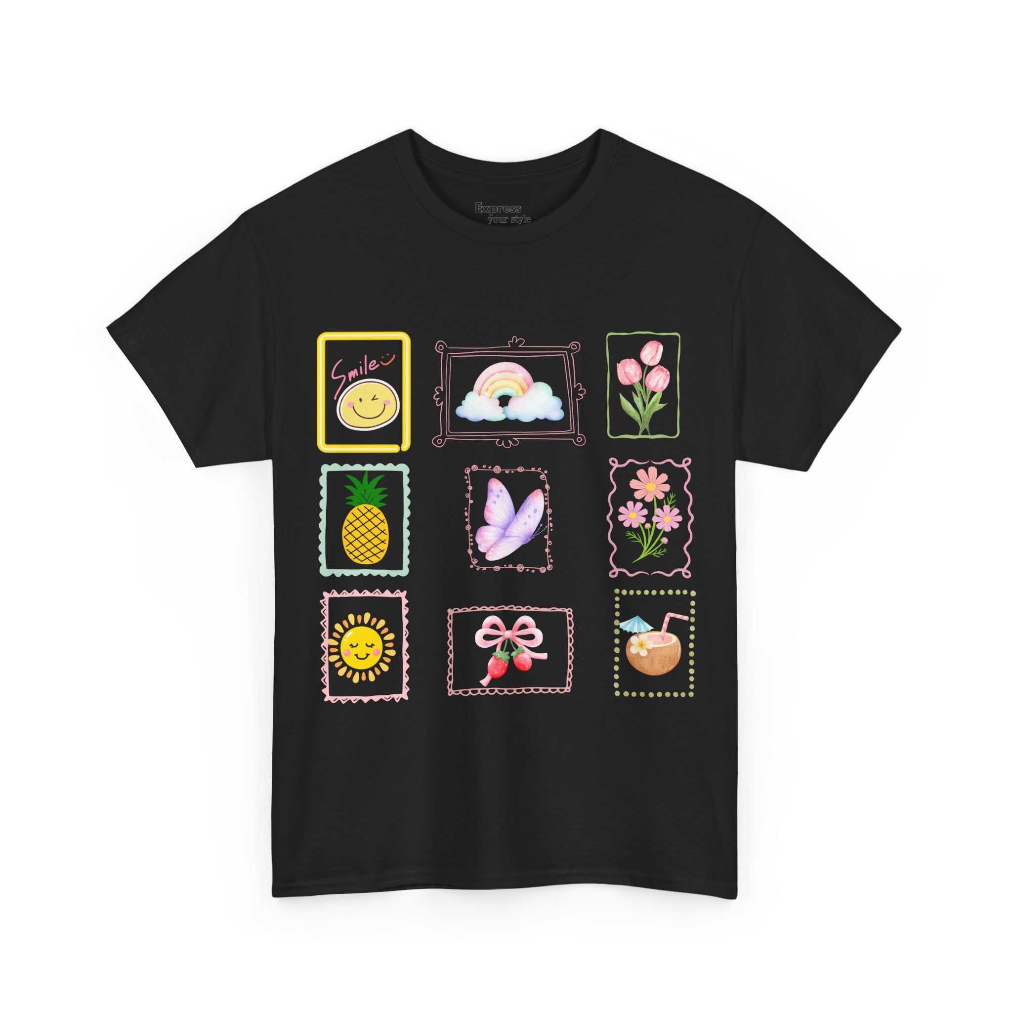 Cute Pastel Icons T‑Shirt — Smiley, Pineapple & Floral Graphic Tee